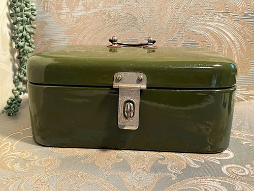 1940s Dutch Green Enamel Lunch Box with Decorative Metal Latch