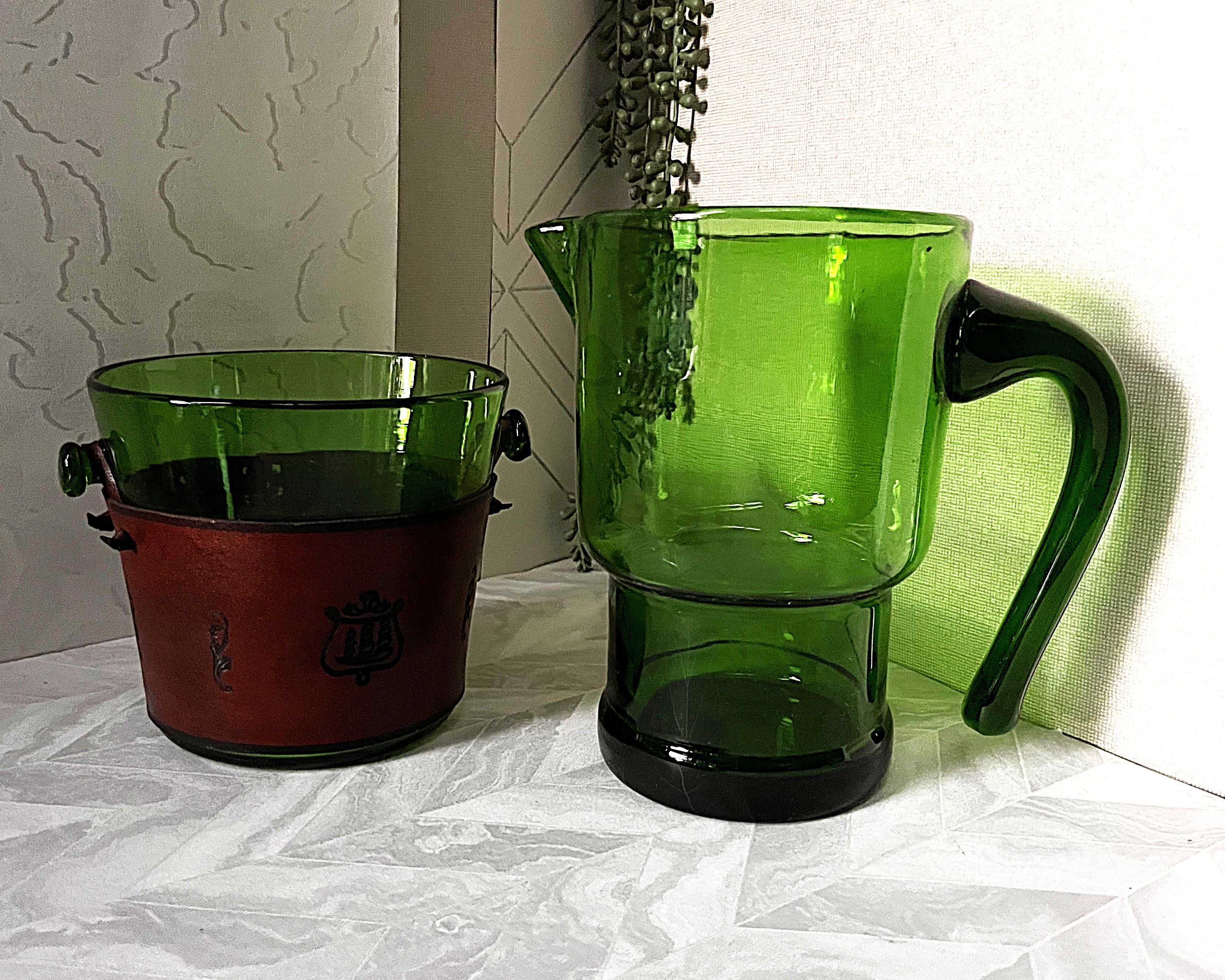 Coloured Glass: Skandia Emerald Green Glass & Leather Stacking Pitcher Ice Bucket Set
