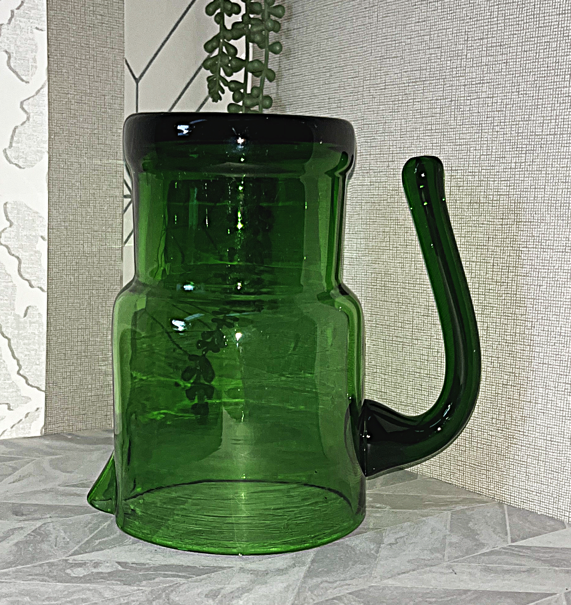 Coloured Glass: Skandia Emerald Green Glass & Leather Stacking Pitcher Ice Bucket Set