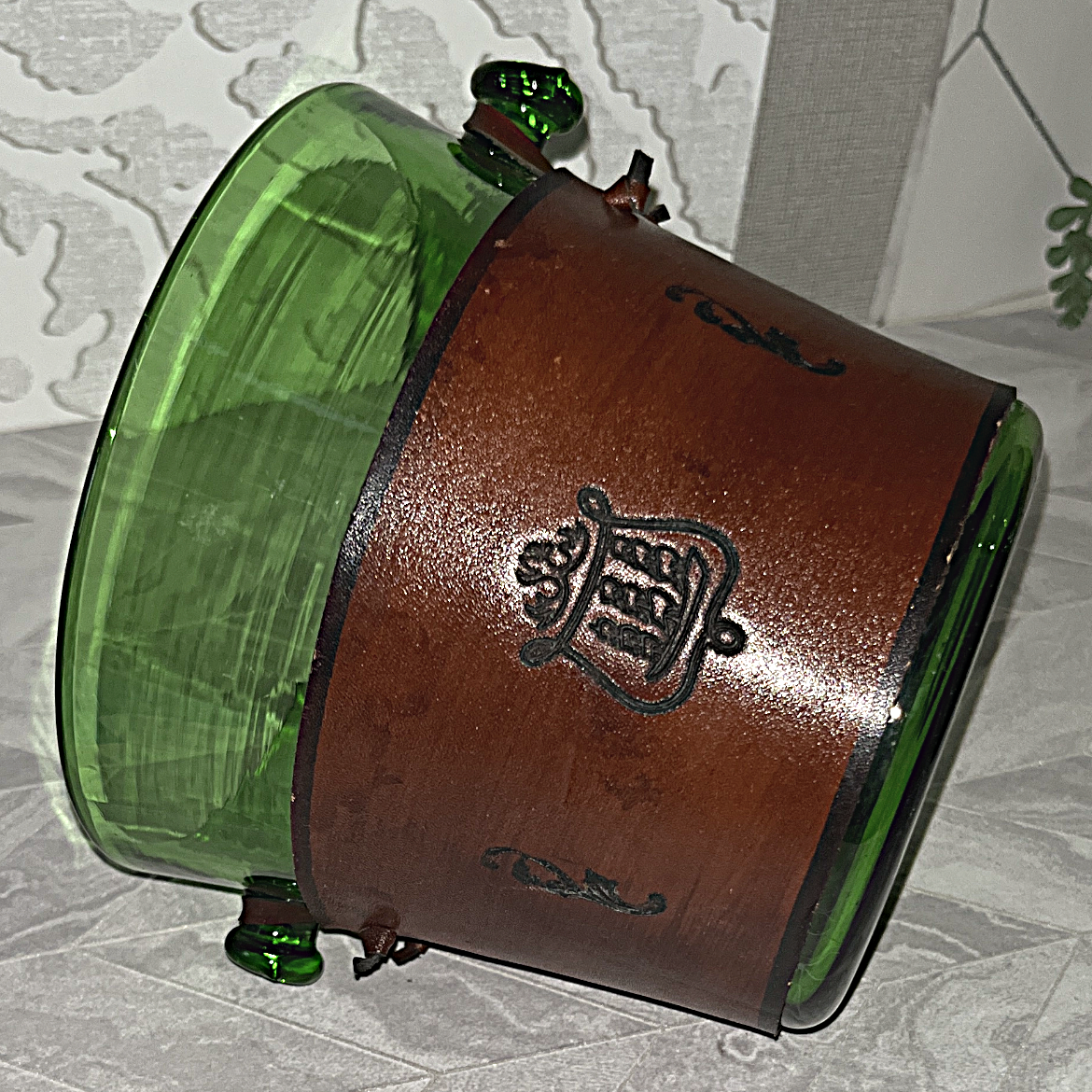 Coloured Glass: Skandia Emerald Green Glass & Leather Stacking Pitcher Ice Bucket Set