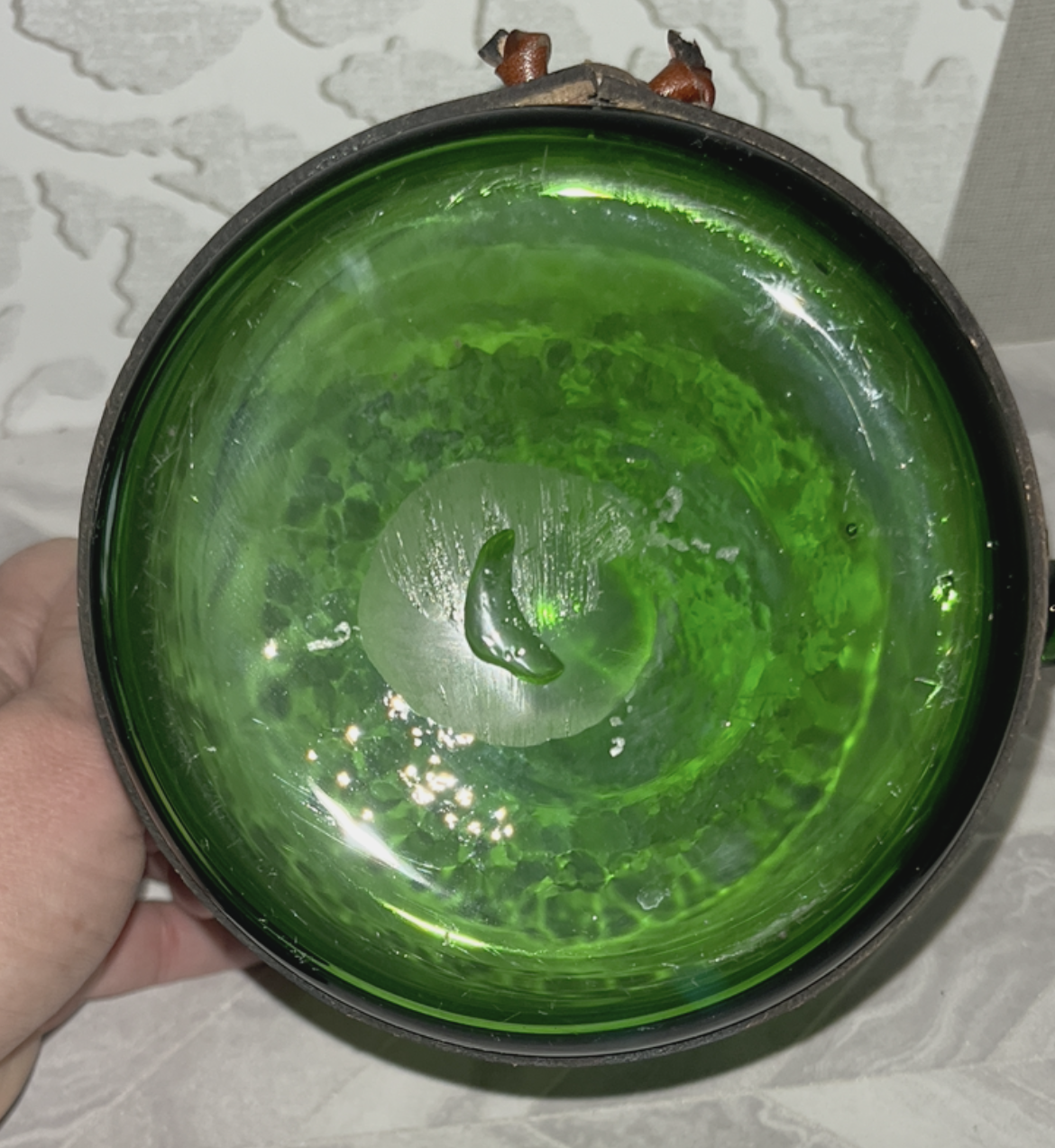 Coloured Glass: Skandia Emerald Green Glass & Leather Stacking Pitcher Ice Bucket Set