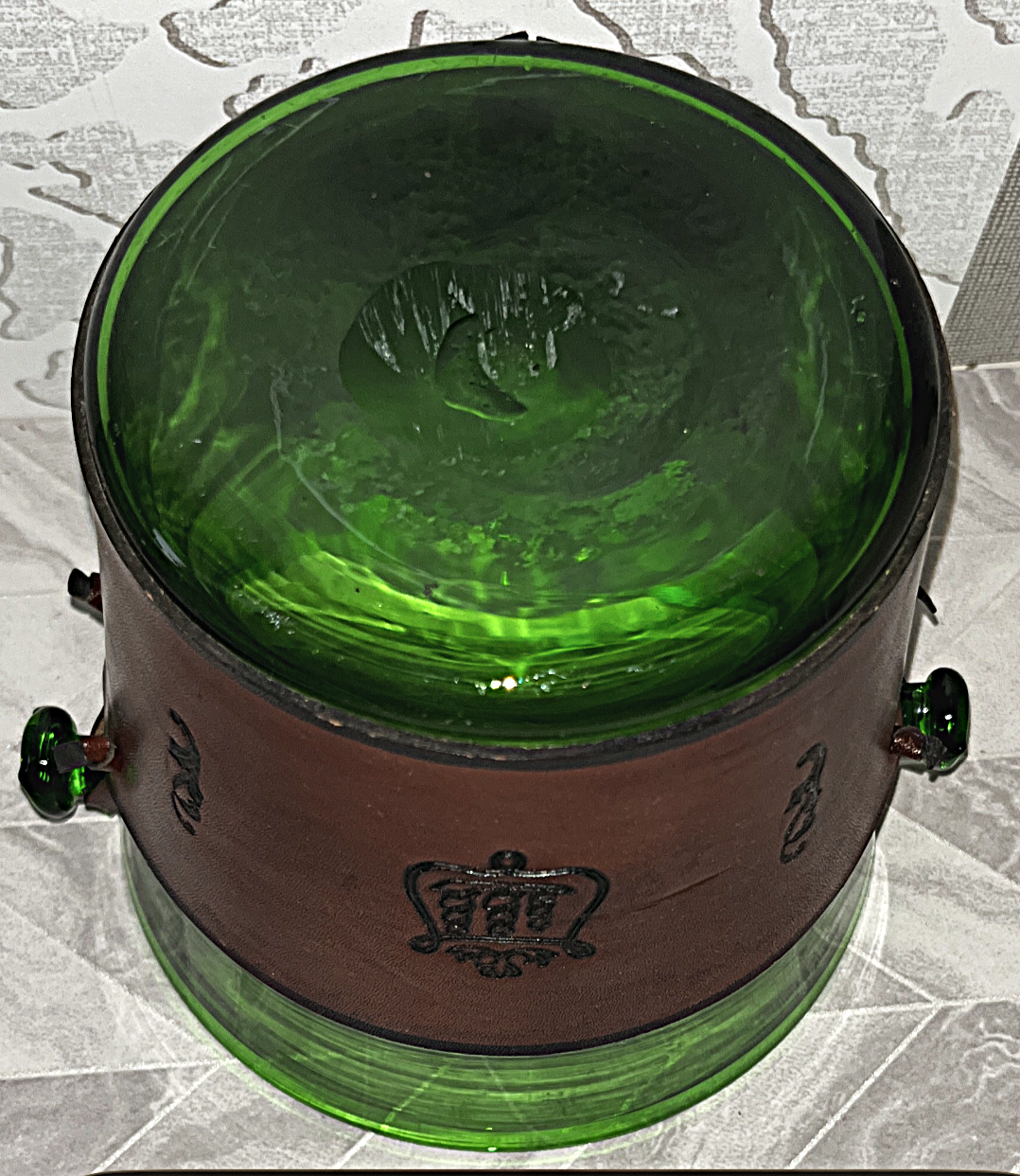 Coloured Glass: Skandia Emerald Green Glass & Leather Stacking Pitcher Ice Bucket Set