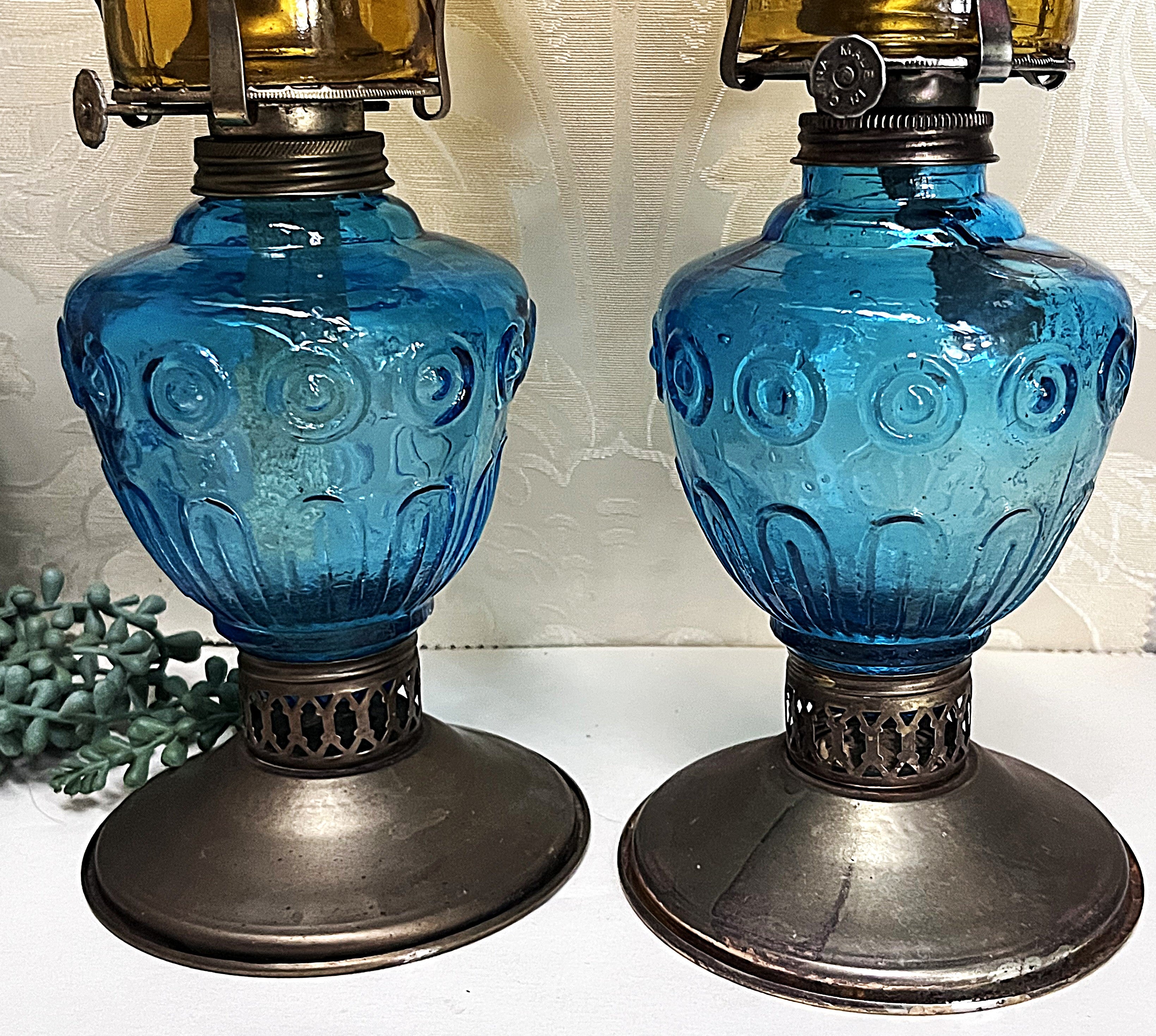Kerosene Lamps: Pair of Turkey Foot Kerosene Lanterns Moon & Star Design