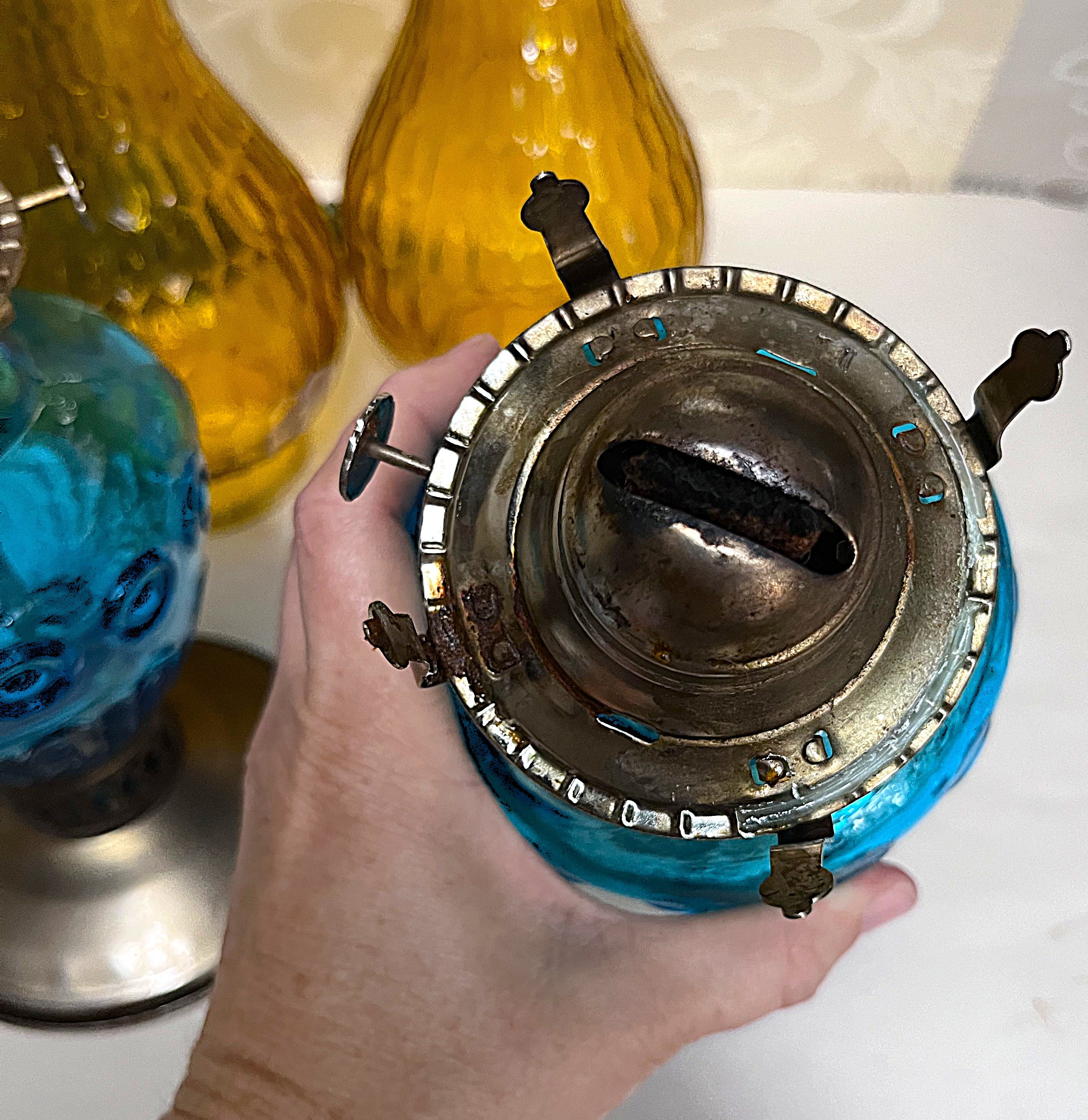 Kerosene Lamps: Pair of Turkey Foot Kerosene Lanterns Moon & Star Design