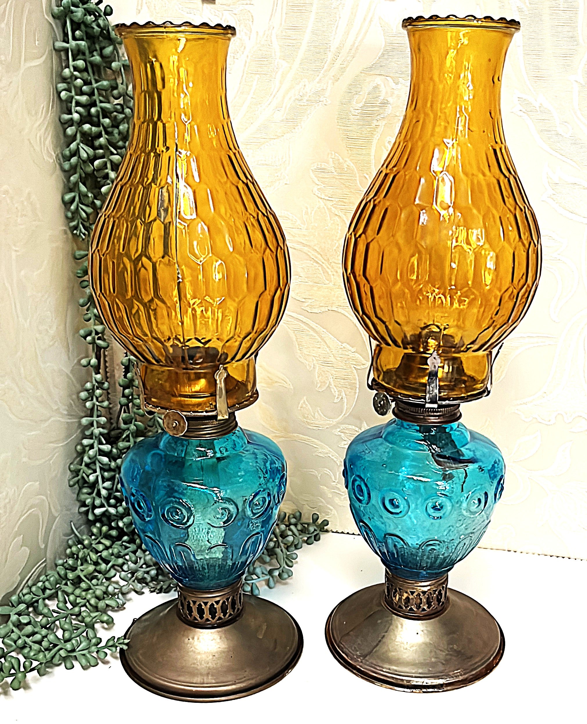 Kerosene Lamps: Pair of Turkey Foot Kerosene Lanterns Moon & Star Design