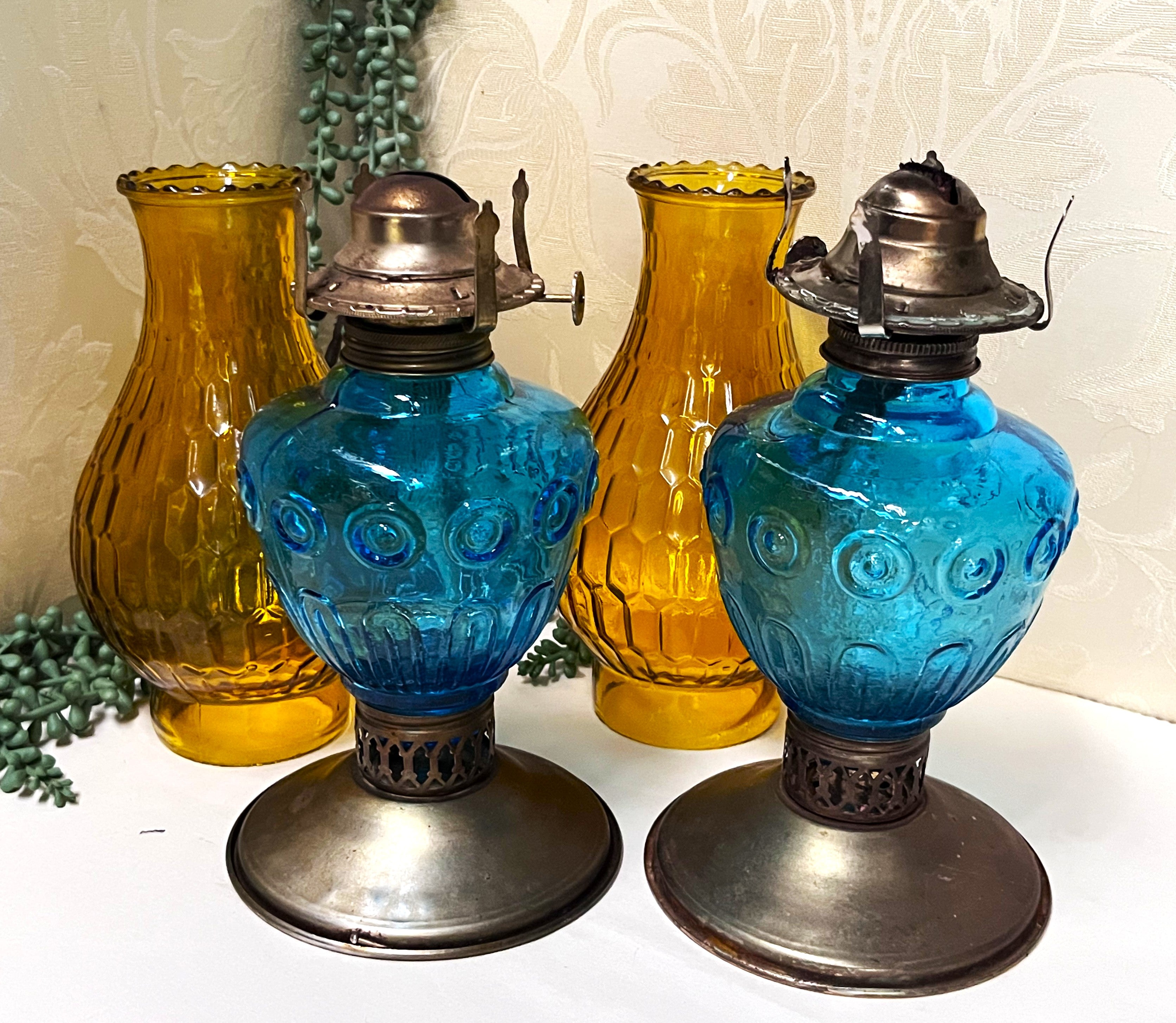 Kerosene Lamps: Pair of Turkey Foot Kerosene Lanterns Moon & Star Design