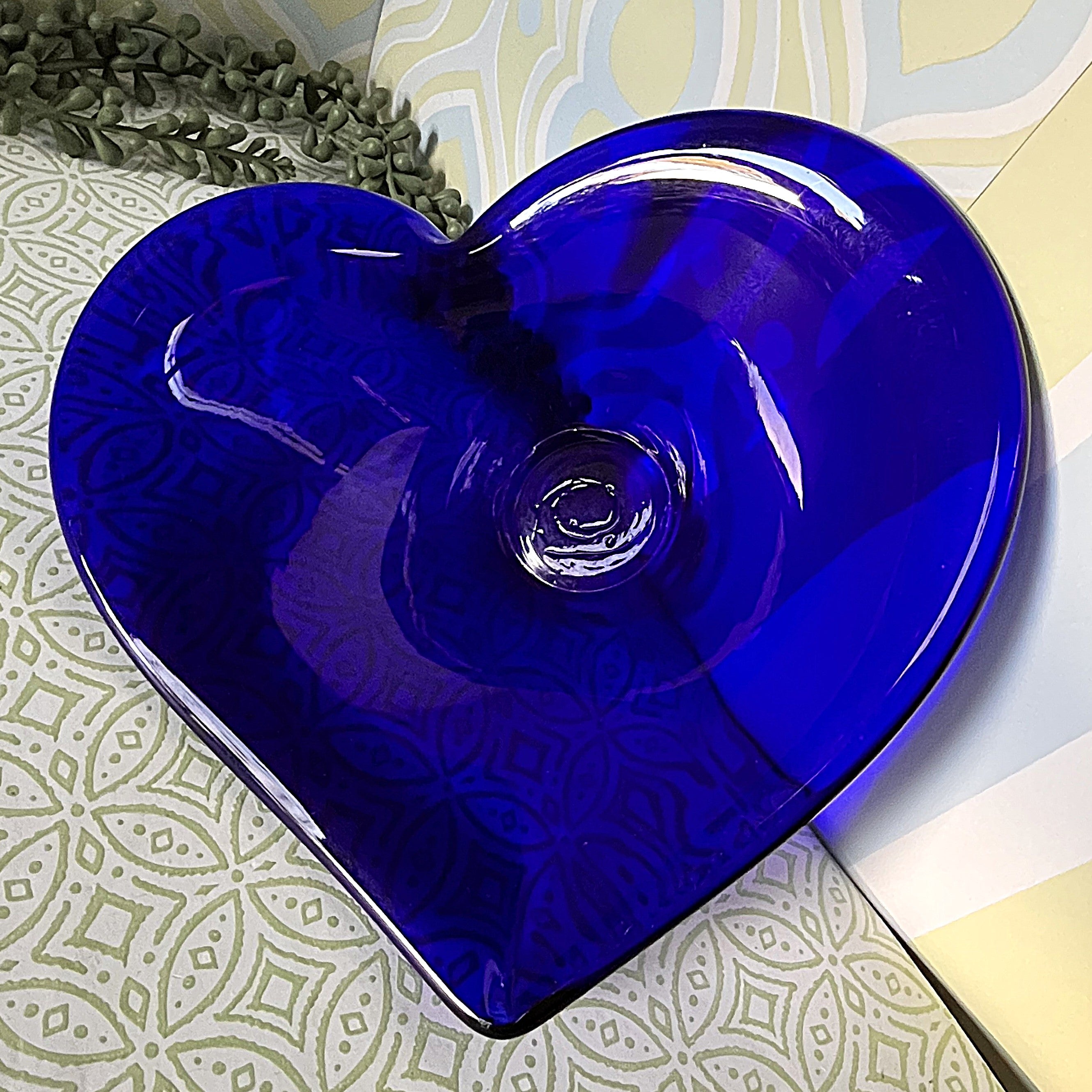 Coloured Glass: Cobalt Blue Heart Shaped Console Bowl