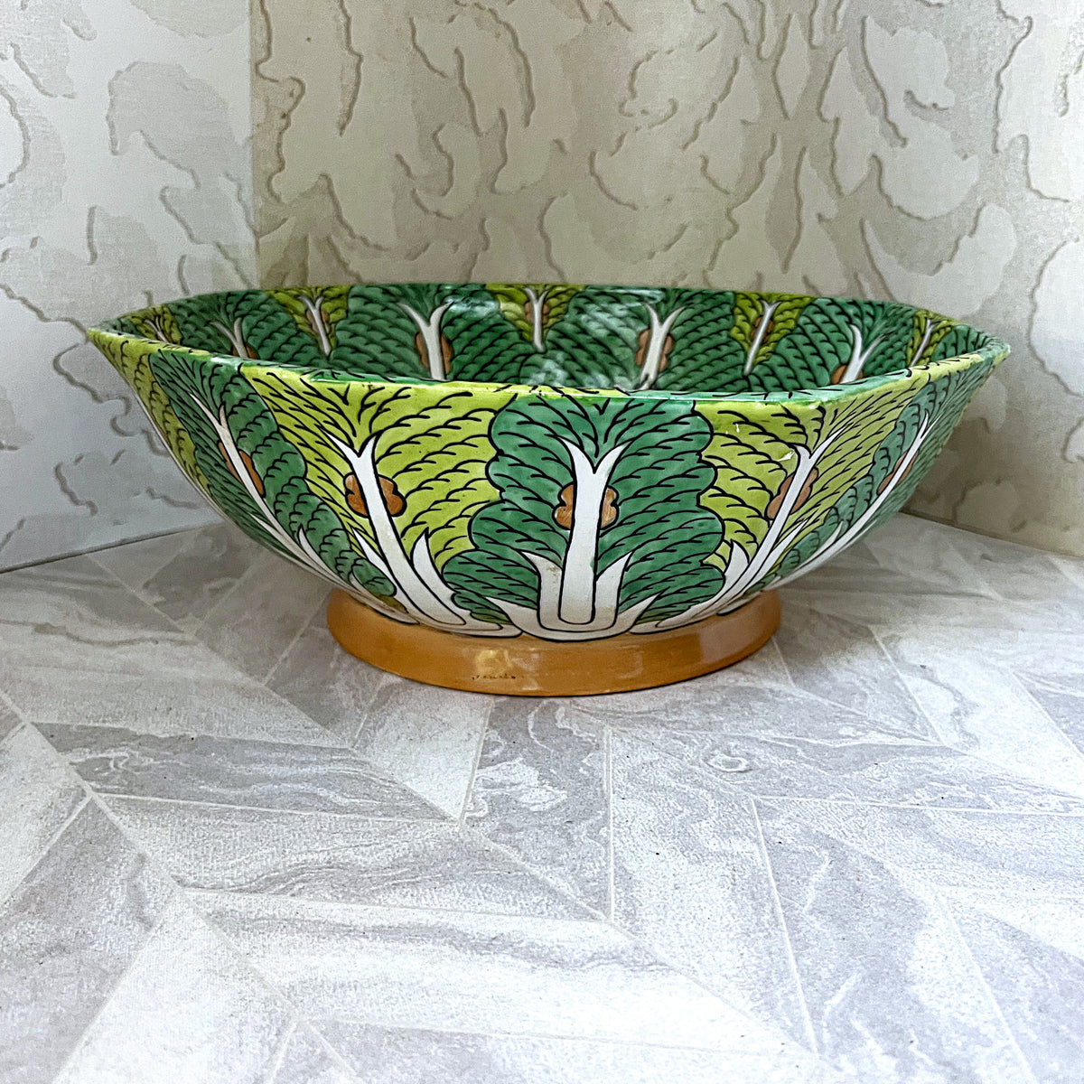 Oriental Art: Chinese Famille Verte Bok Choy Porcelain Footed Bowl