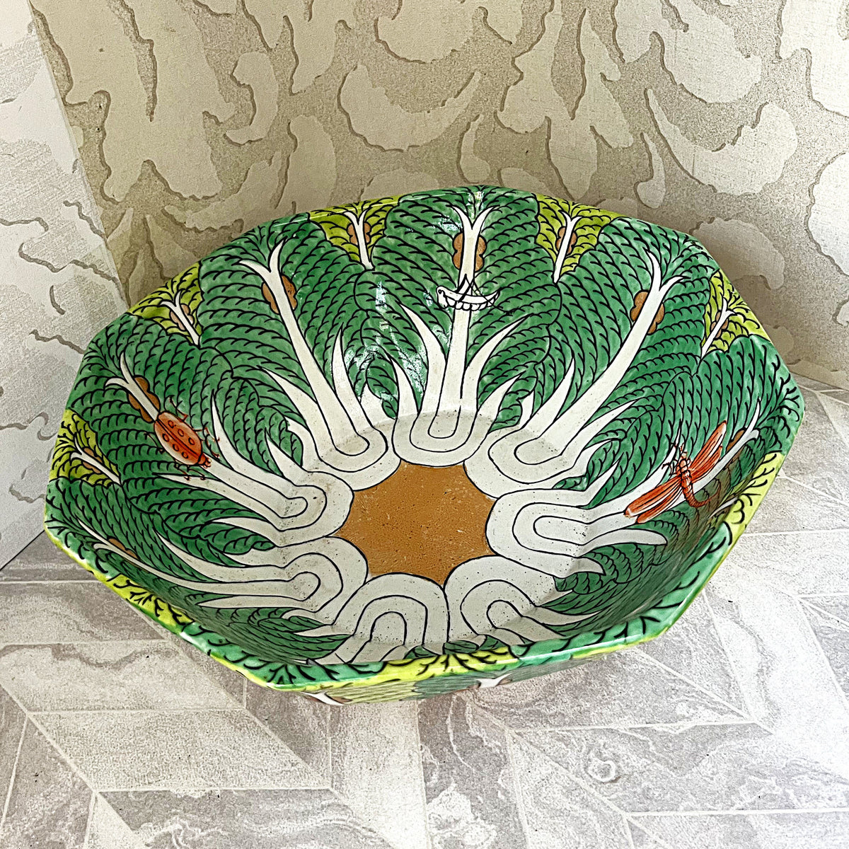 Oriental Art: Chinese Famille Verte Bok Choy Porcelain Footed Bowl