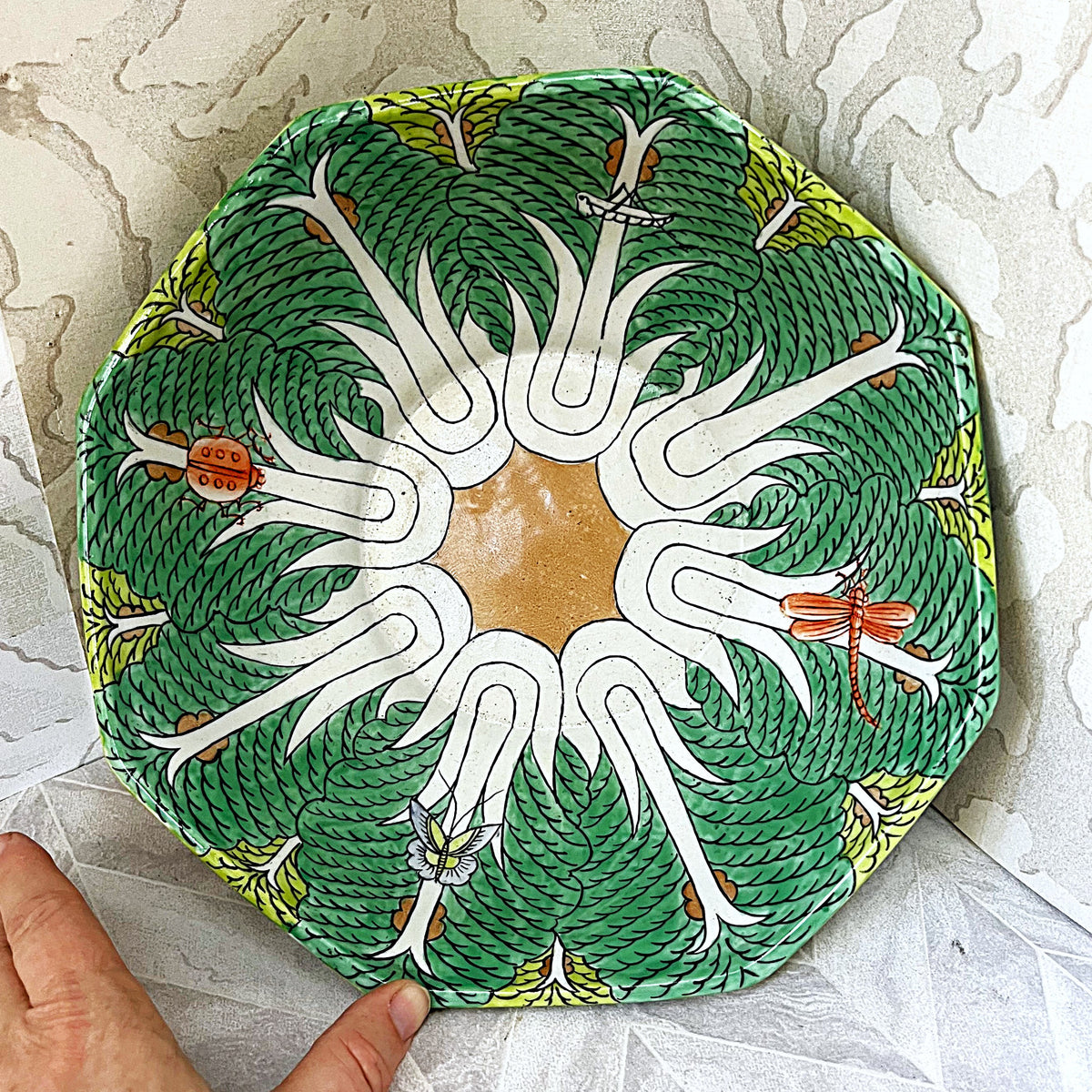 Oriental Art: Chinese Famille Verte Bok Choy Porcelain Footed Bowl