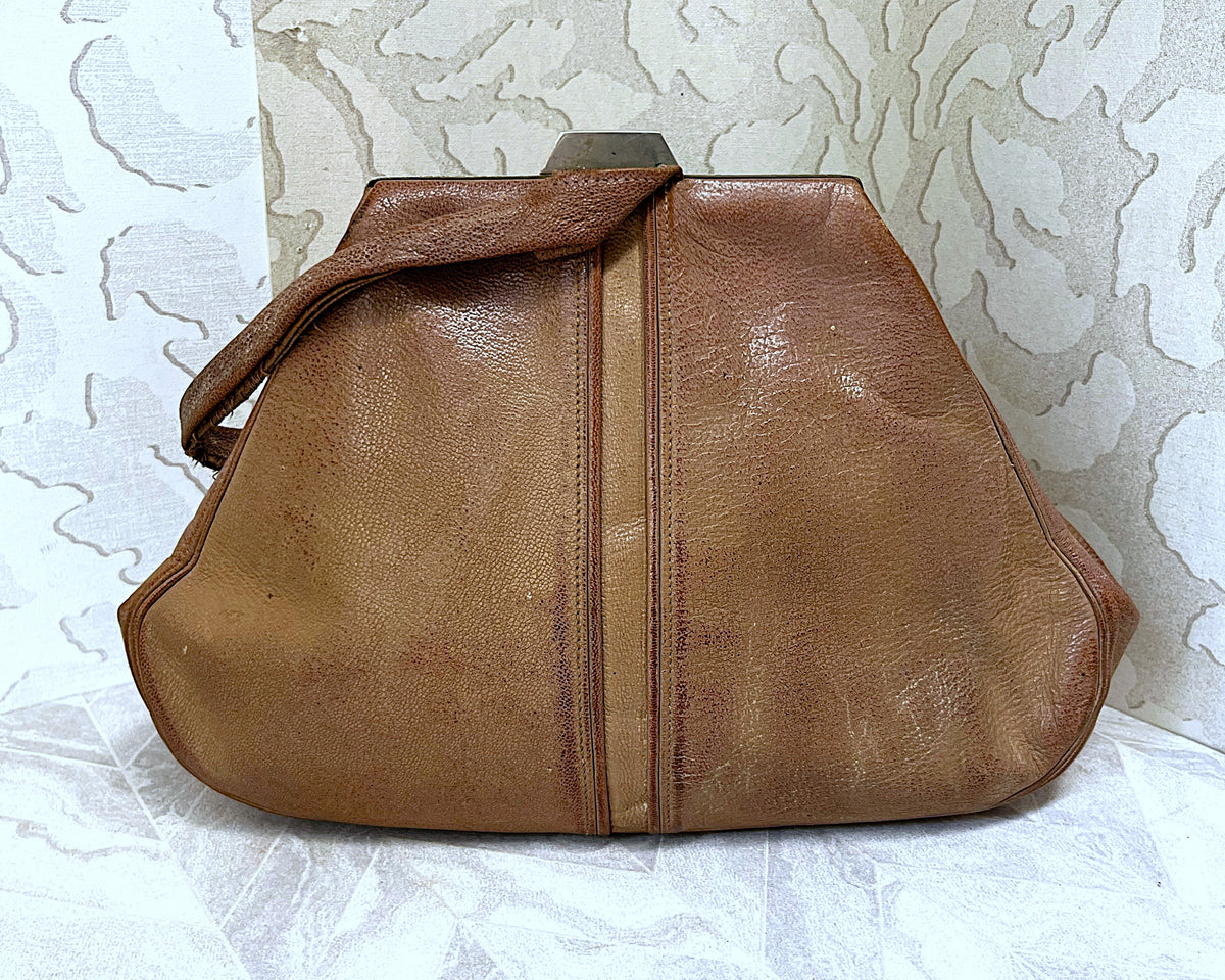Bags: Tan Pebbled Leather Framed Kiss-Lock Top Handle Bag