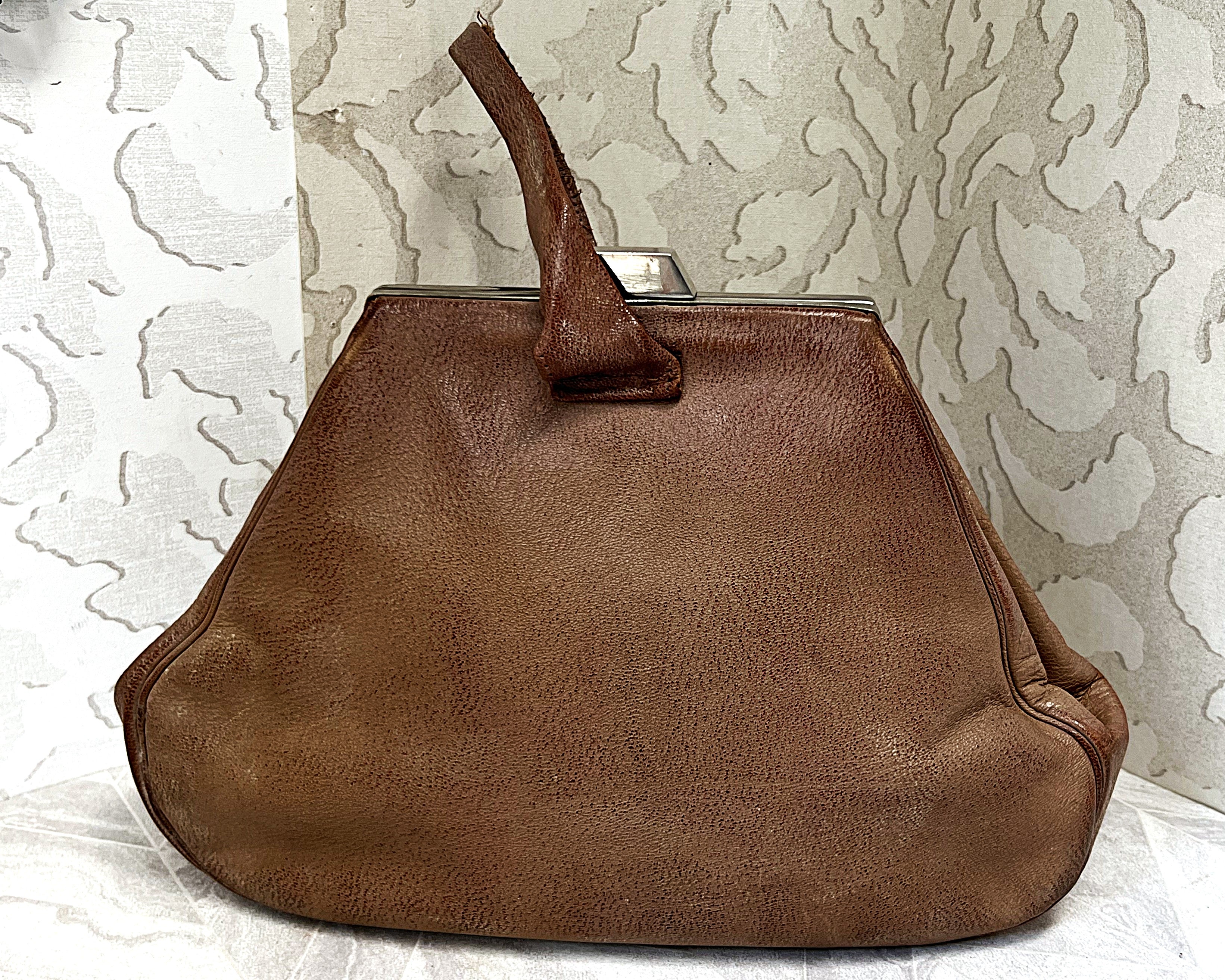 Bags: Tan Pebbled Leather Framed Kiss-Lock Top Handle Bag
