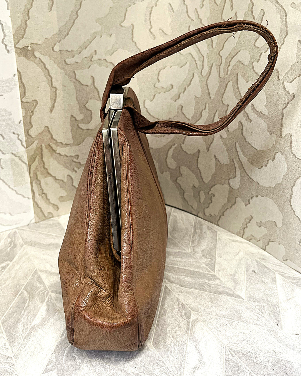 Bags: Tan Pebbled Leather Framed Kiss-Lock Top Handle Bag