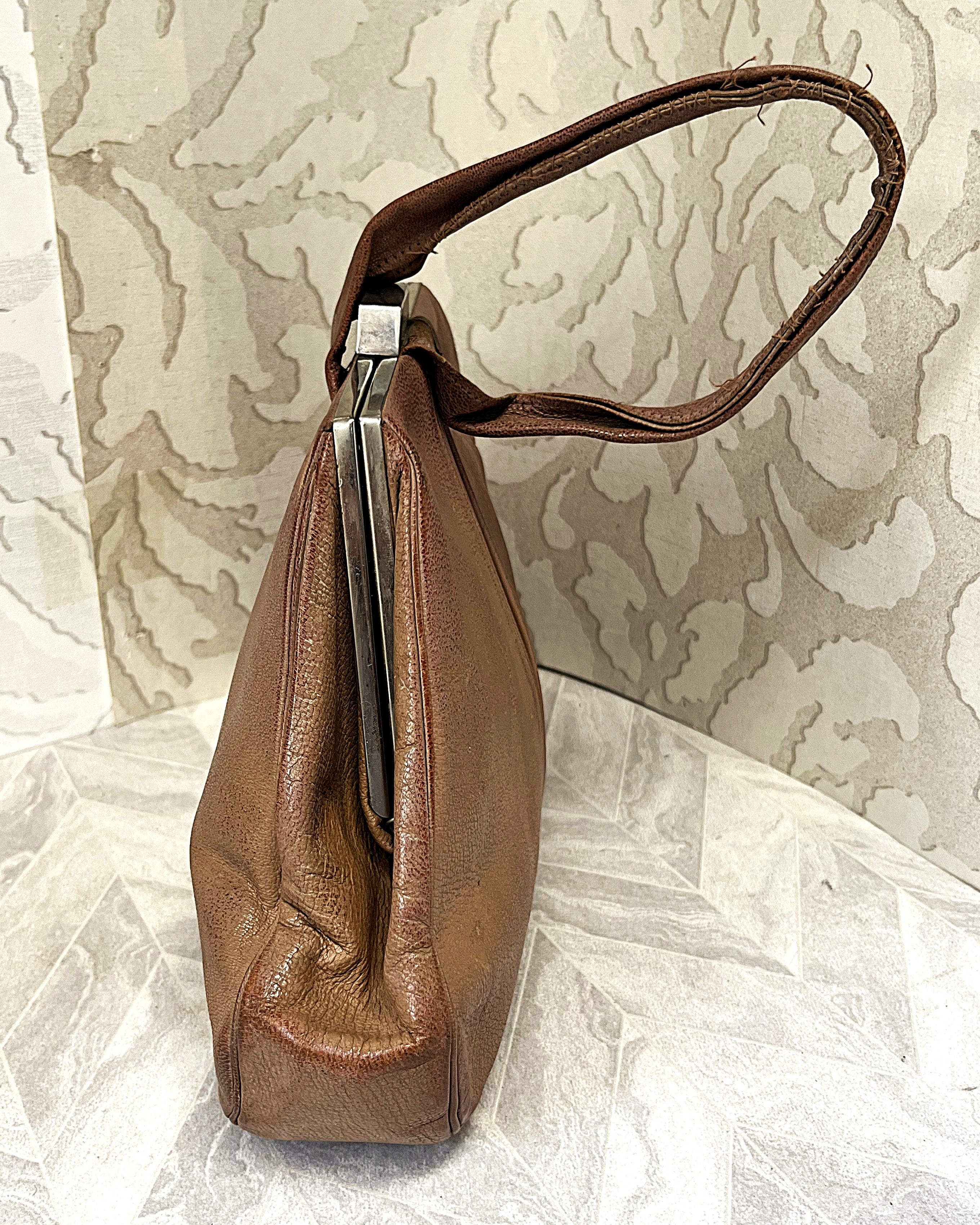 Bags: Tan Pebbled Leather Framed Kiss-Lock Top Handle Bag