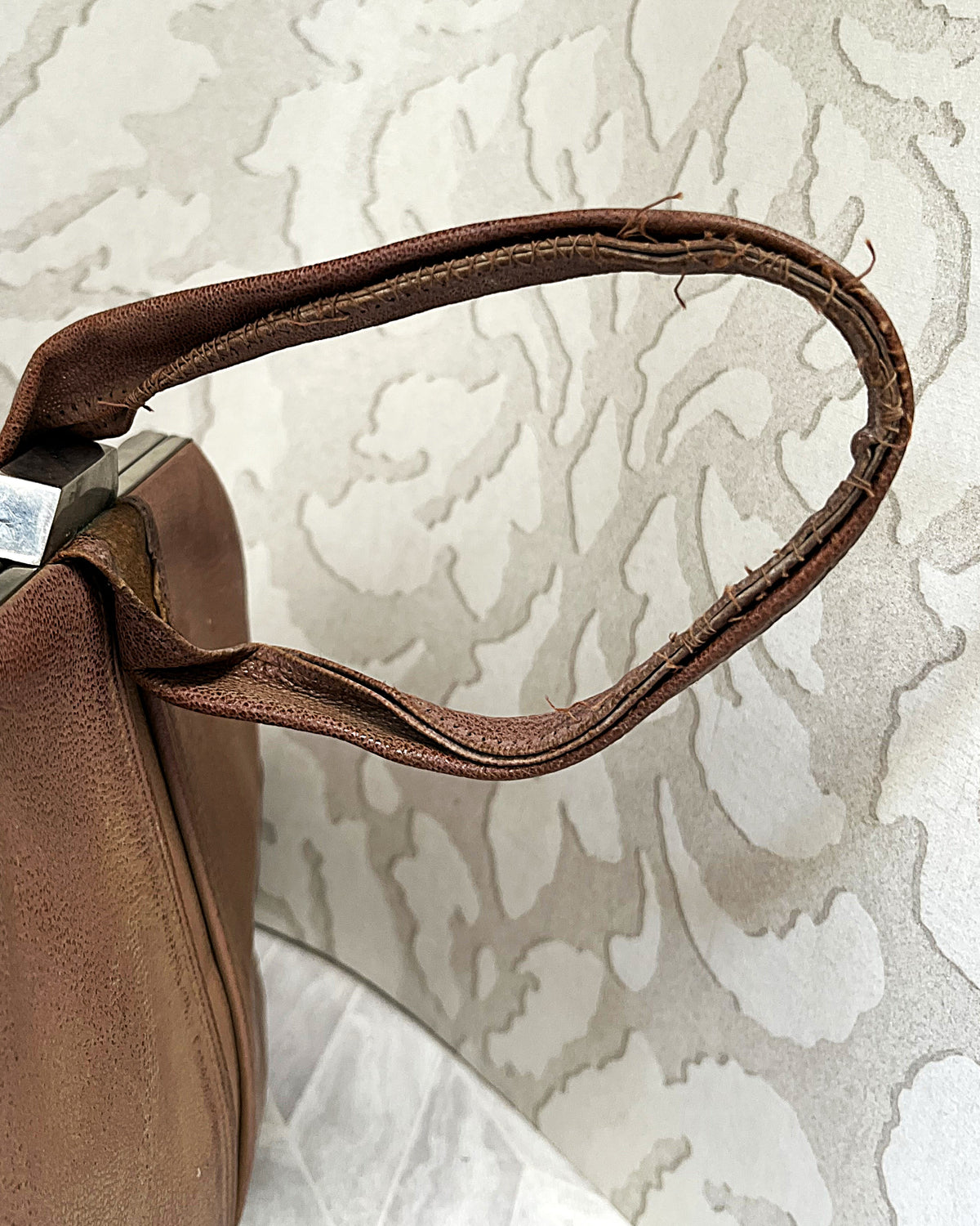 Bags: Tan Pebbled Leather Framed Kiss-Lock Top Handle Bag