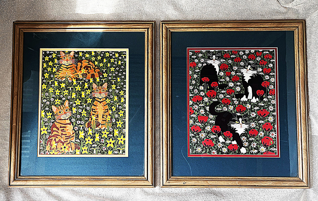 Prints & Etchings: Lara Geffen Folk-Art Cat Prints, Diptych