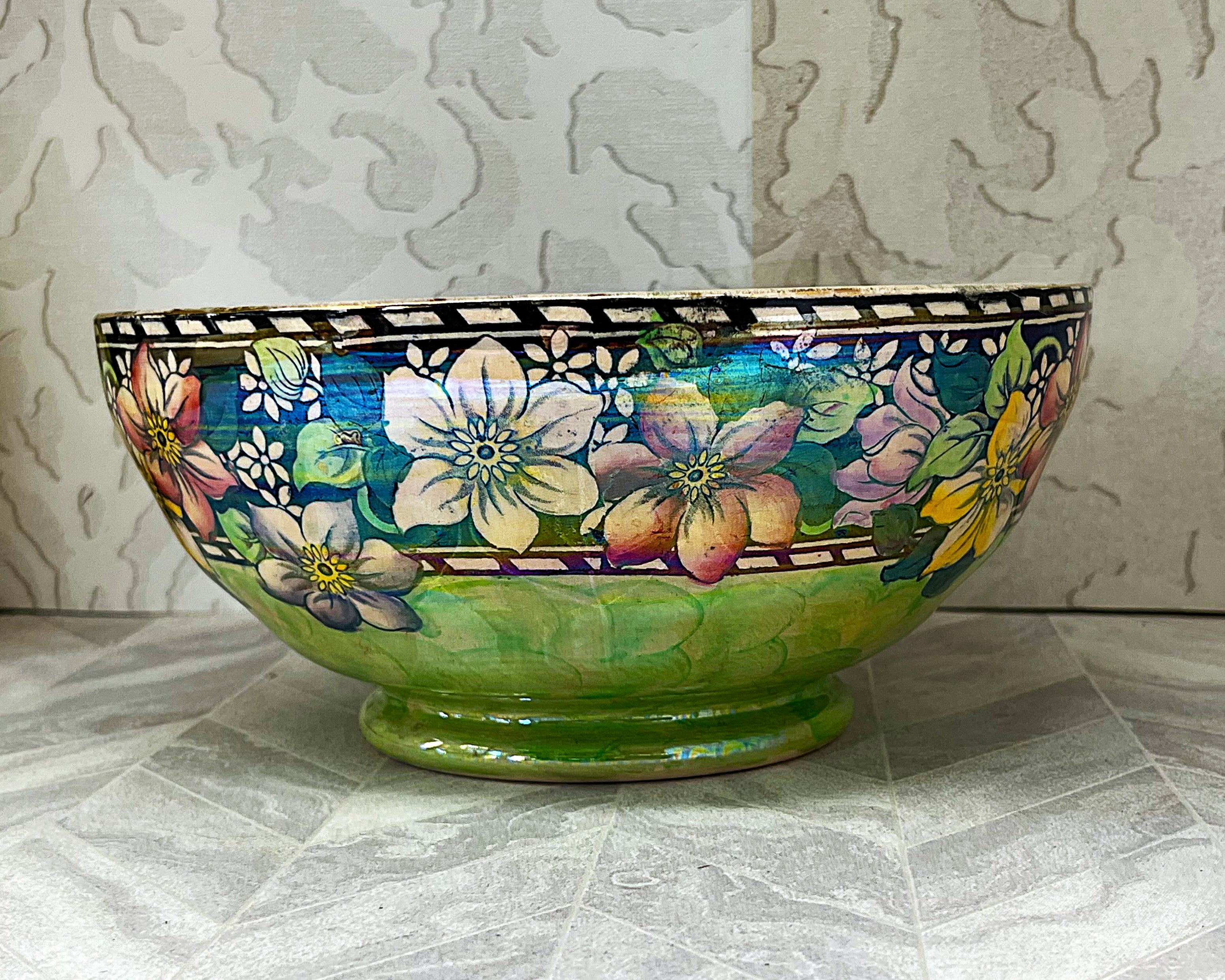 Decorative Ceramics: Antique Maling "Clematis" Lustreware Centrepiece Bowl