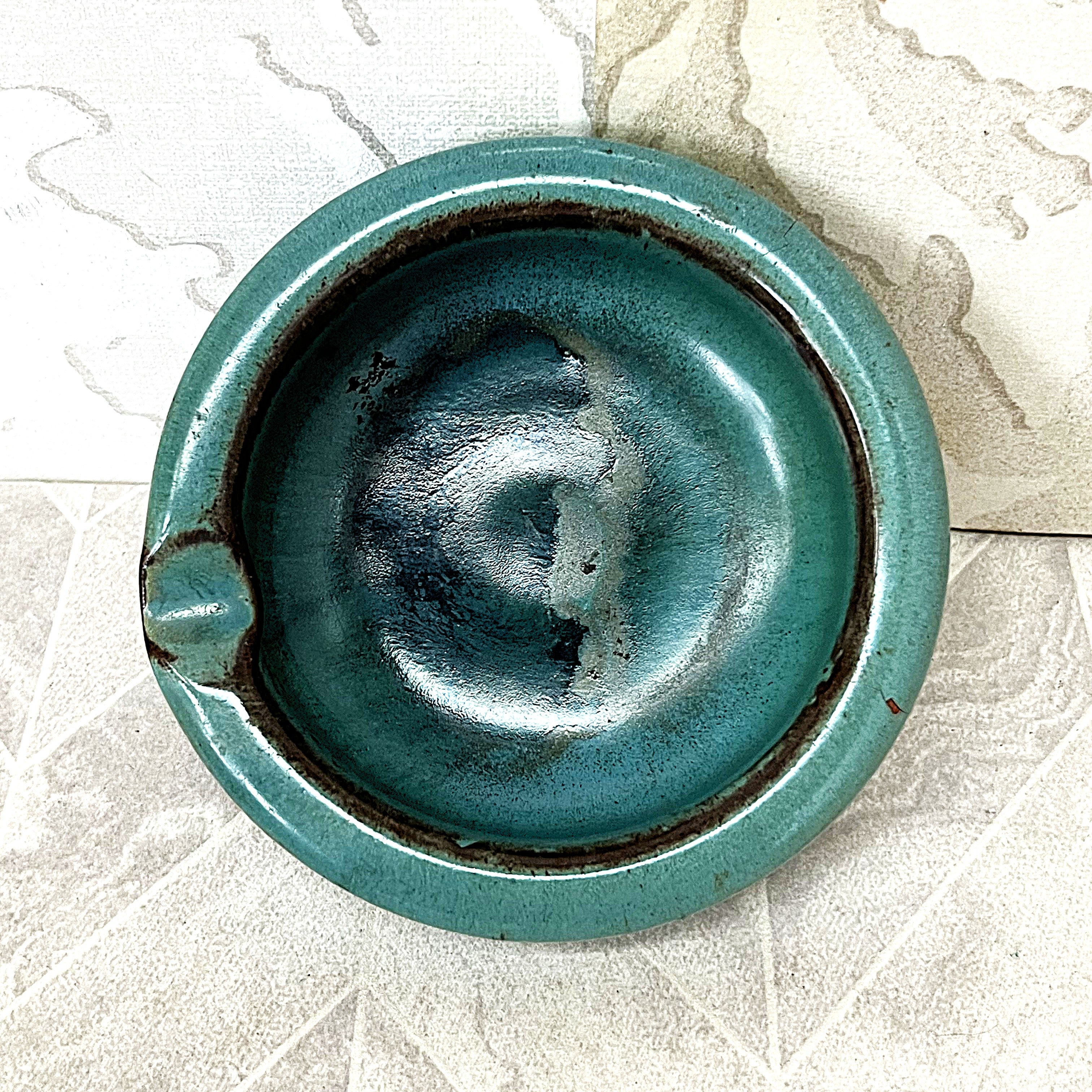 Liebermann: Hand-Signed Mid-Century Turquoise Glaze Ashtrays, 2