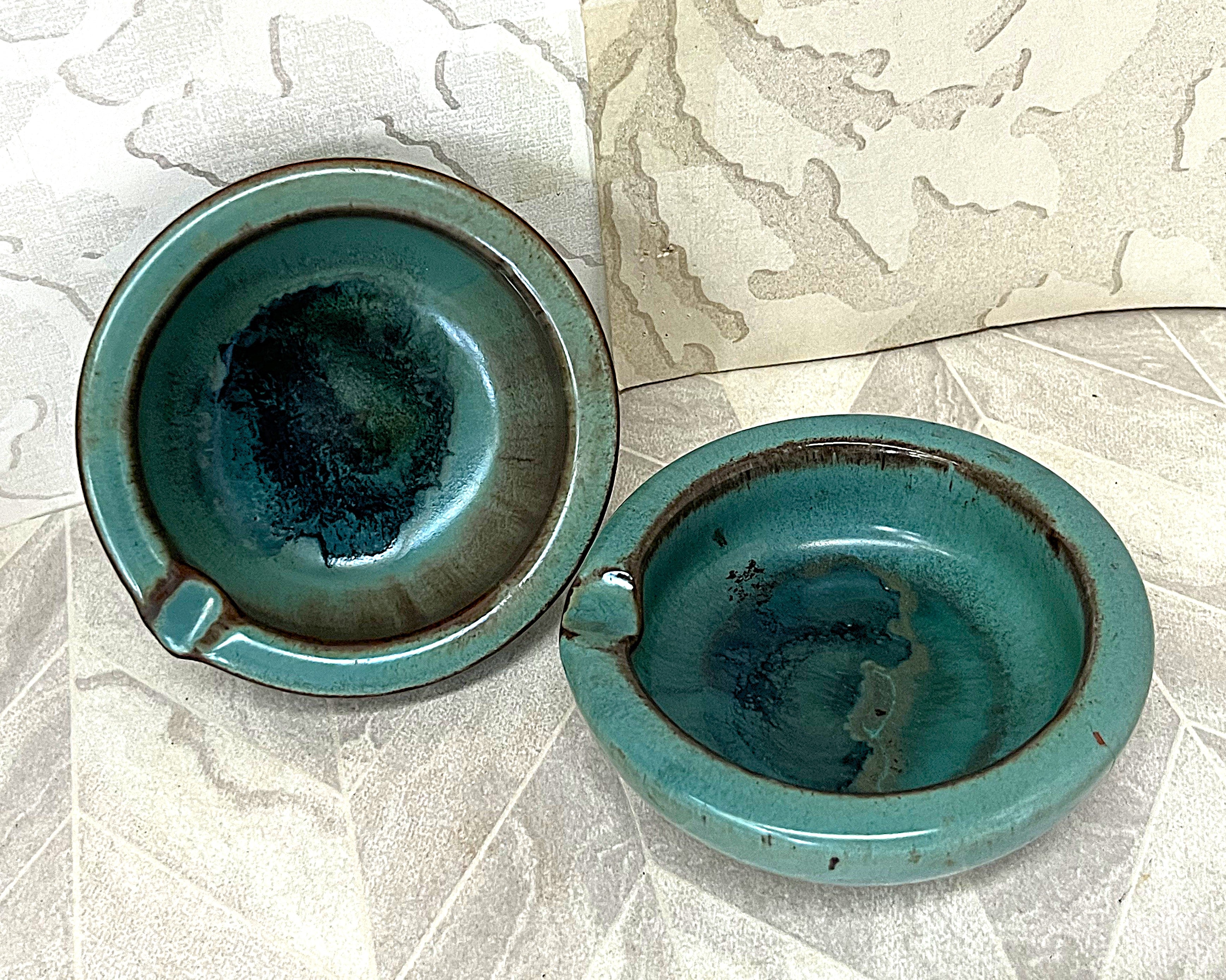 Liebermann: Hand-Signed Mid-Century Turquoise Glaze Ashtrays, 2