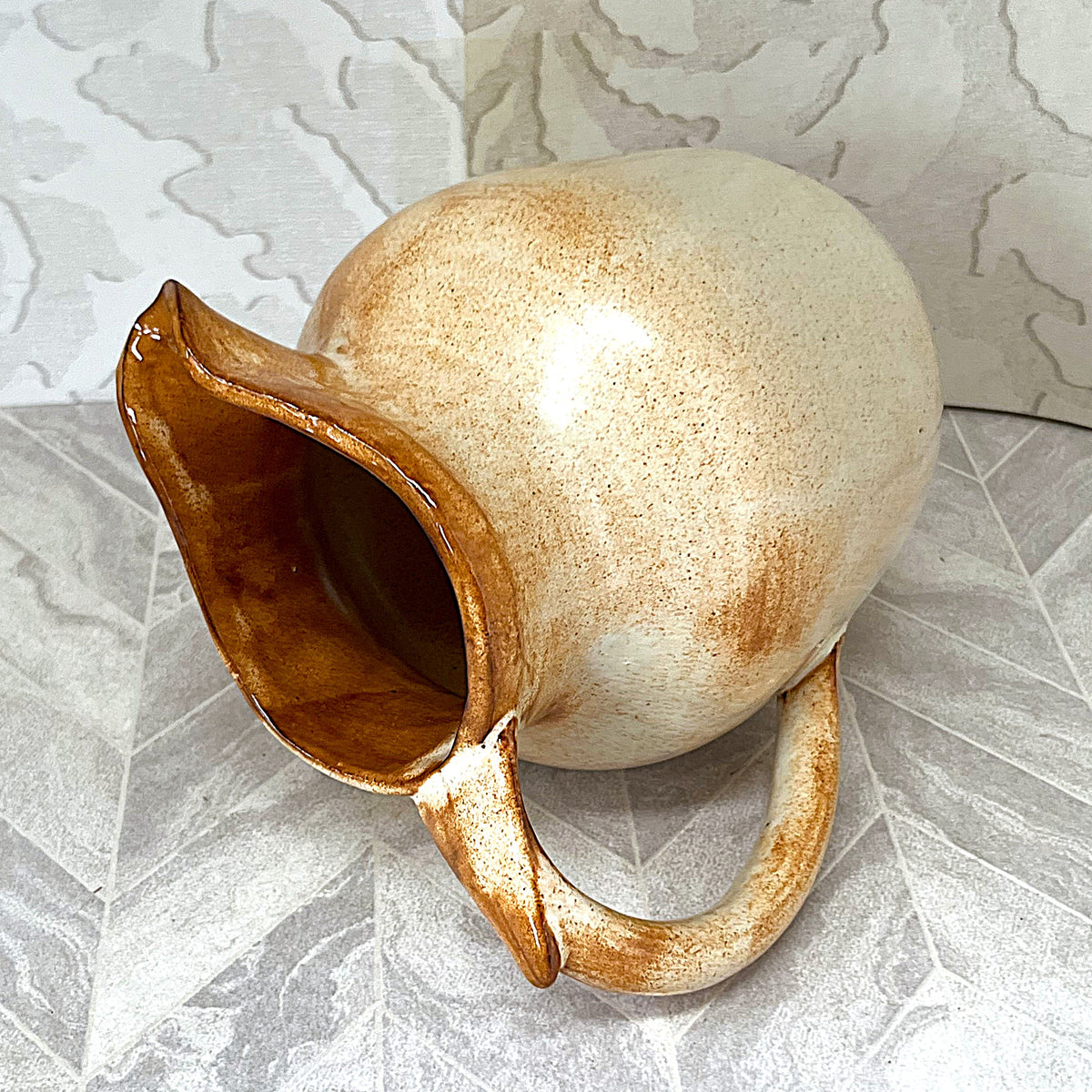 Studio Pottery: Rustic Beige & Ochre Glazed Pitcher (17cm)