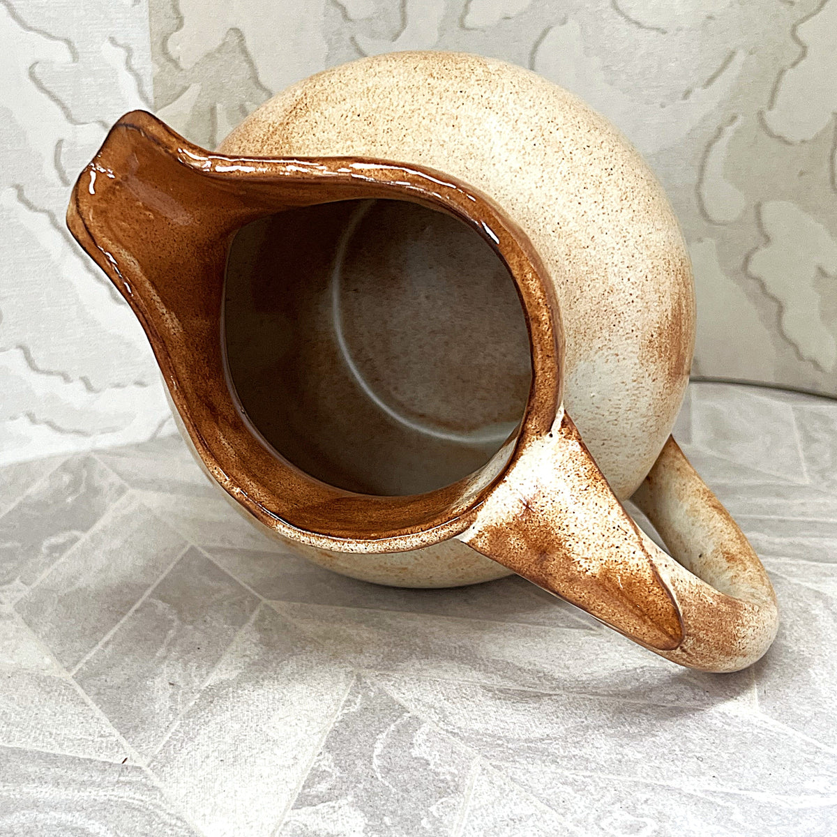 Studio Pottery: Rustic Beige & Ochre Glazed Pitcher (17cm)