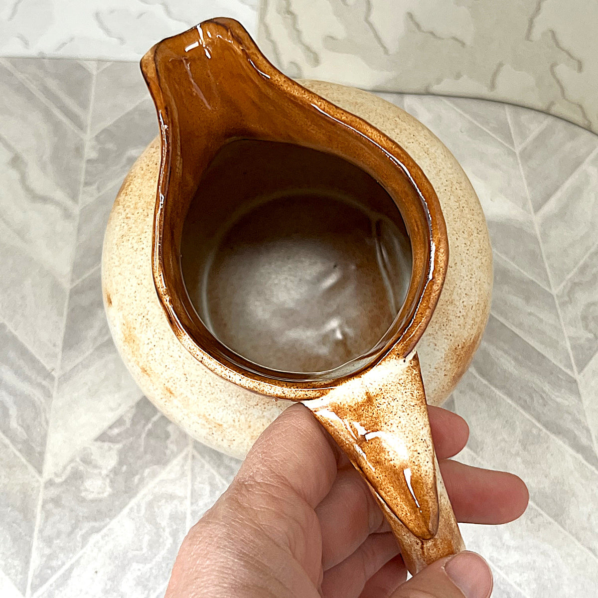 Studio Pottery: Rustic Beige & Ochre Glazed Pitcher (17cm)