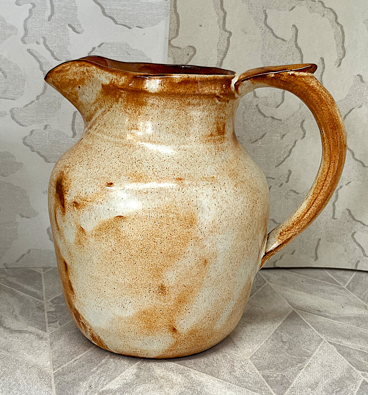 Studio Pottery: Rustic Beige & Ochre Glazed Pitcher (17cm)