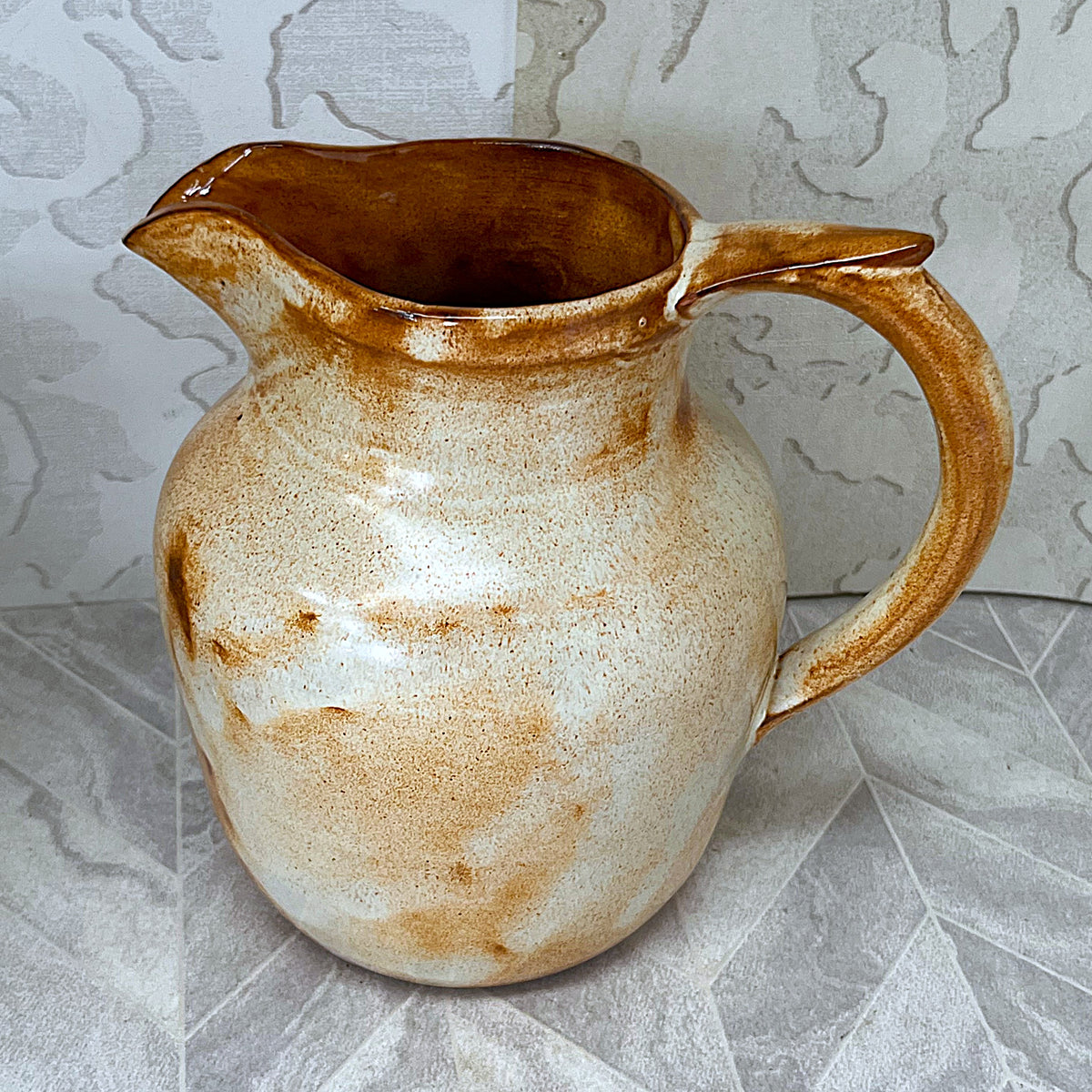 Studio Pottery: Rustic Beige & Ochre Glazed Pitcher (17cm)