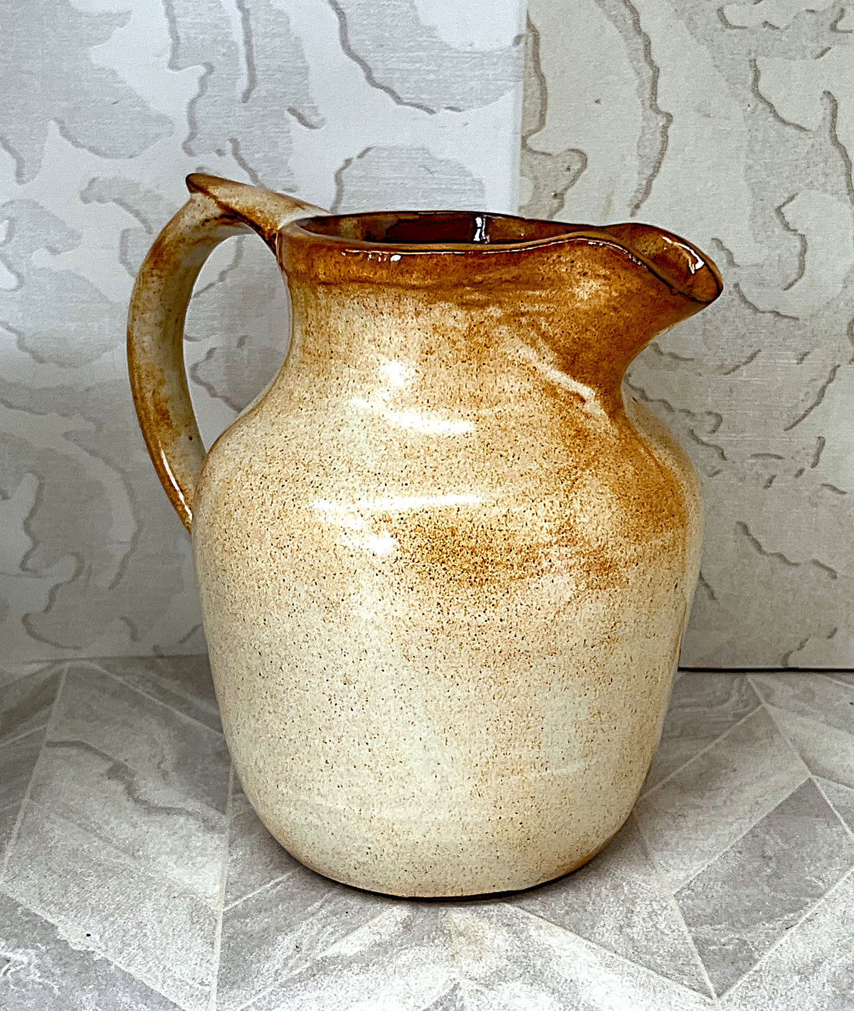 Studio Pottery: Rustic Beige & Ochre Glazed Pitcher (17cm)