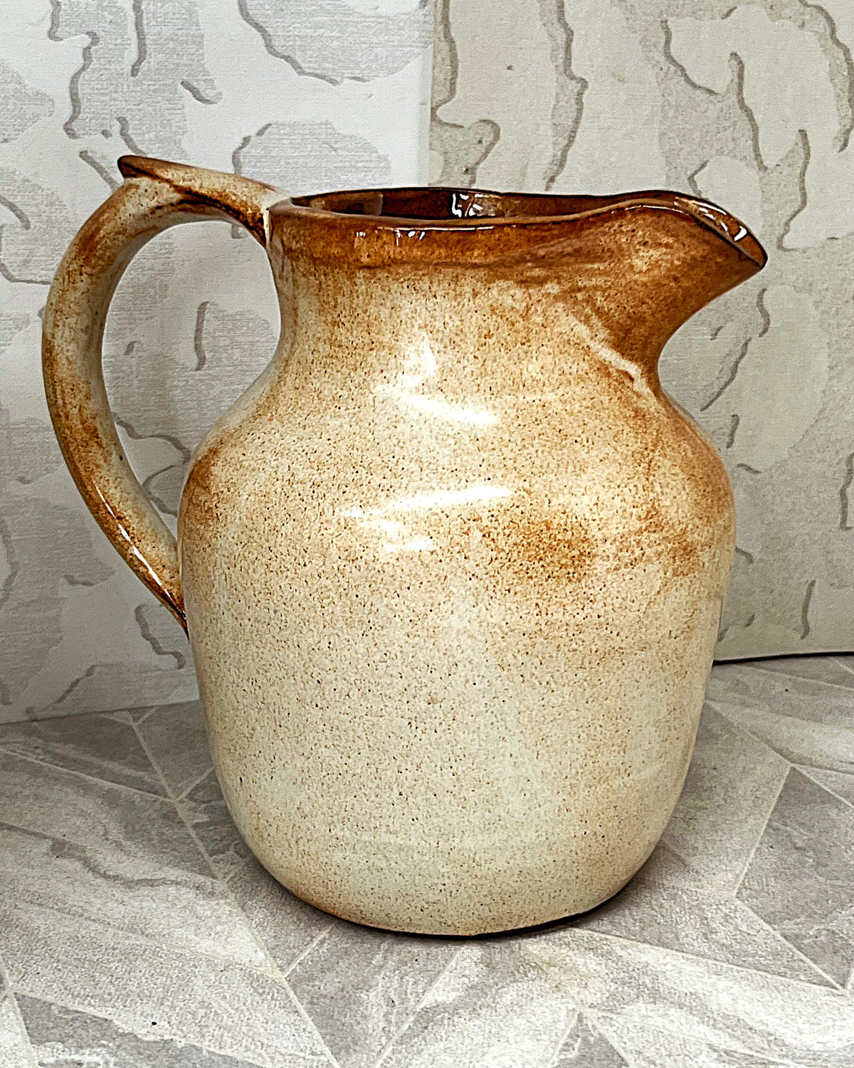 Studio Pottery: Rustic Beige & Ochre Glazed Pitcher (17cm)