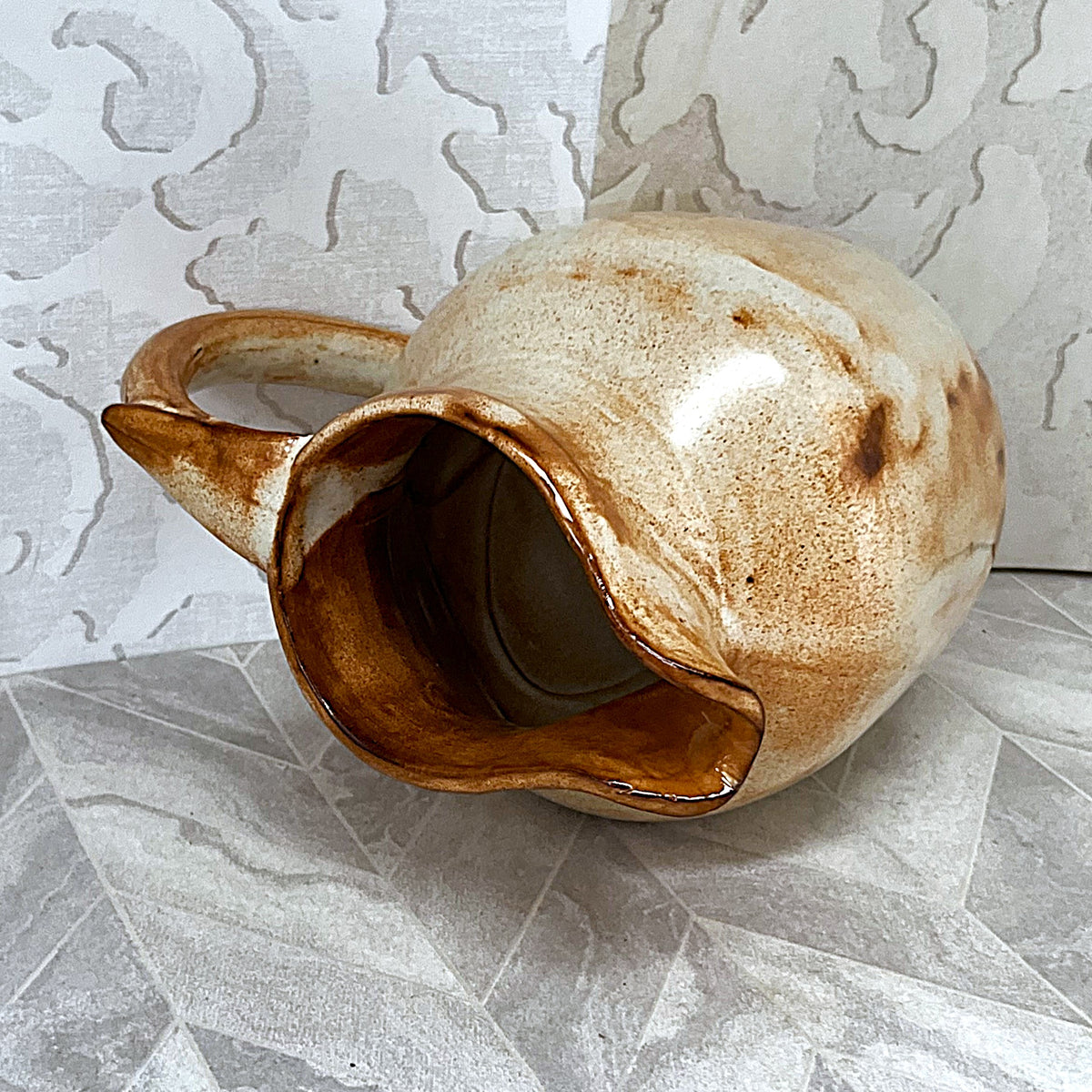 Studio Pottery: Rustic Beige & Ochre Glazed Pitcher (17cm)