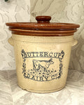 Collectible Stoneware: Buchan Portobello "Buttercup Dairy Co" 5LB Stoneware Crock & Original Lid Circa 1904