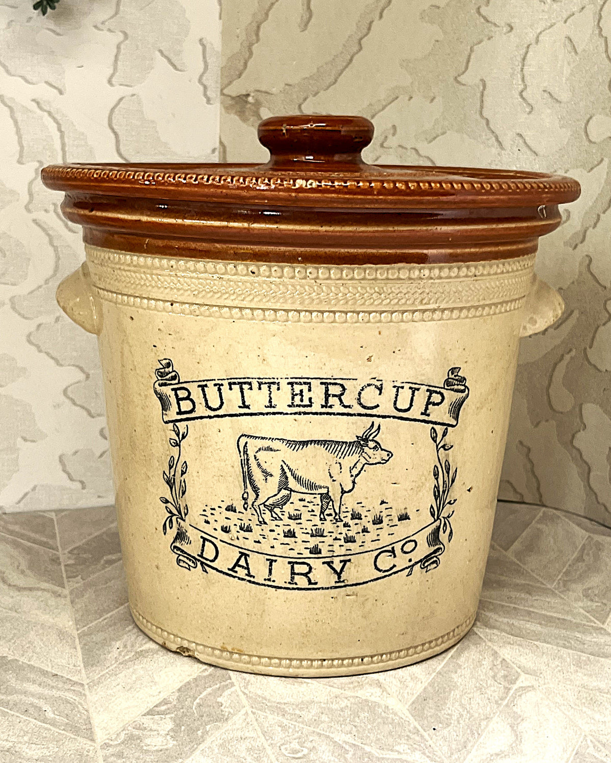 Collectible Stoneware: Buchan Portobello "Buttercup Dairy Co" 5LB Stoneware Crock & Original Lid Circa 1904