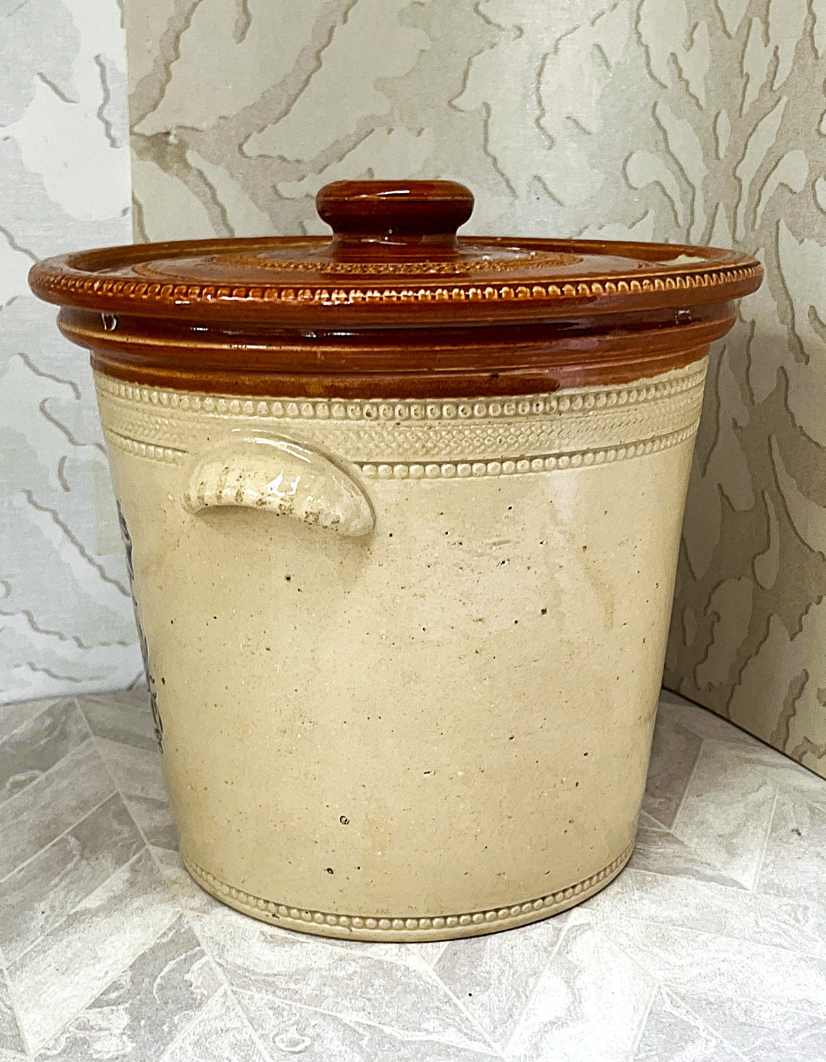 Collectible Stoneware: Buchan Portobello "Buttercup Dairy Co" 5LB Stoneware Crock & Original Lid Circa 1904