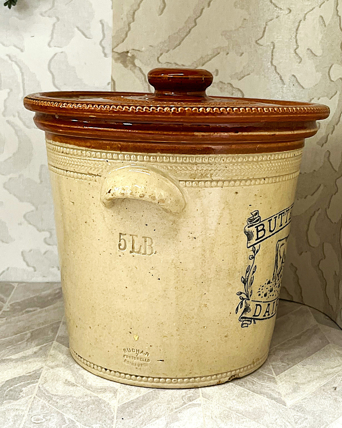 Collectible Stoneware: Buchan Portobello "Buttercup Dairy Co" 5LB Stoneware Crock & Original Lid Circa 1904