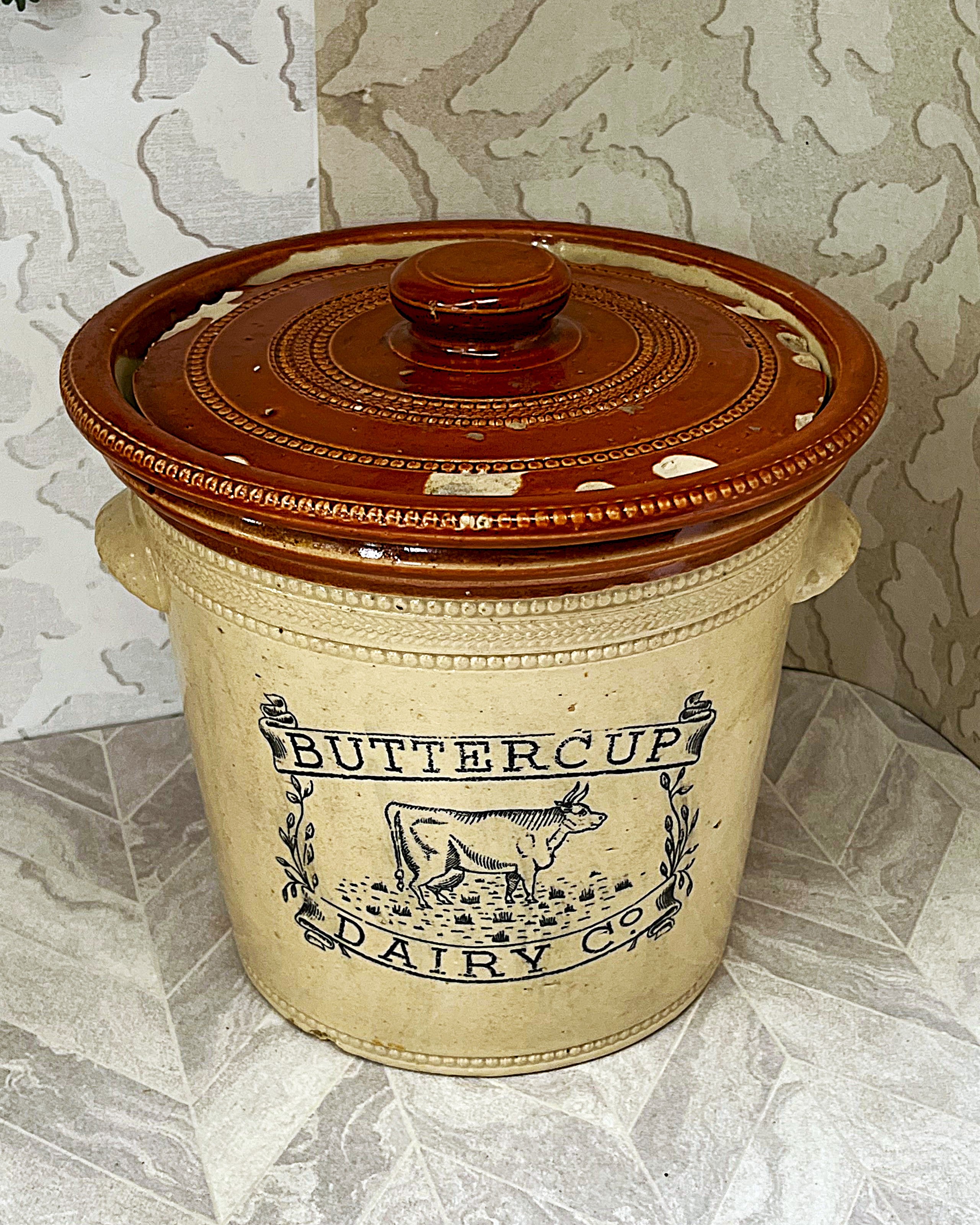 Collectible Stoneware: Buchan Portobello "Buttercup Dairy Co" 5LB Stoneware Crock & Original Lid Circa 1904