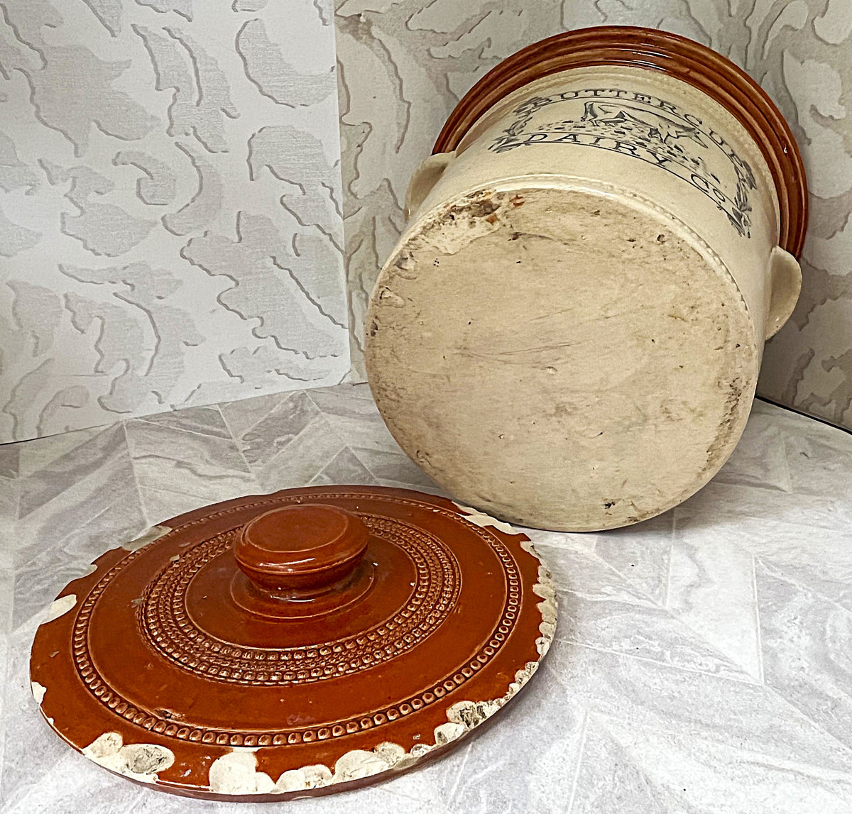Collectible Stoneware: Buchan Portobello "Buttercup Dairy Co" 5LB Stoneware Crock & Original Lid Circa 1904