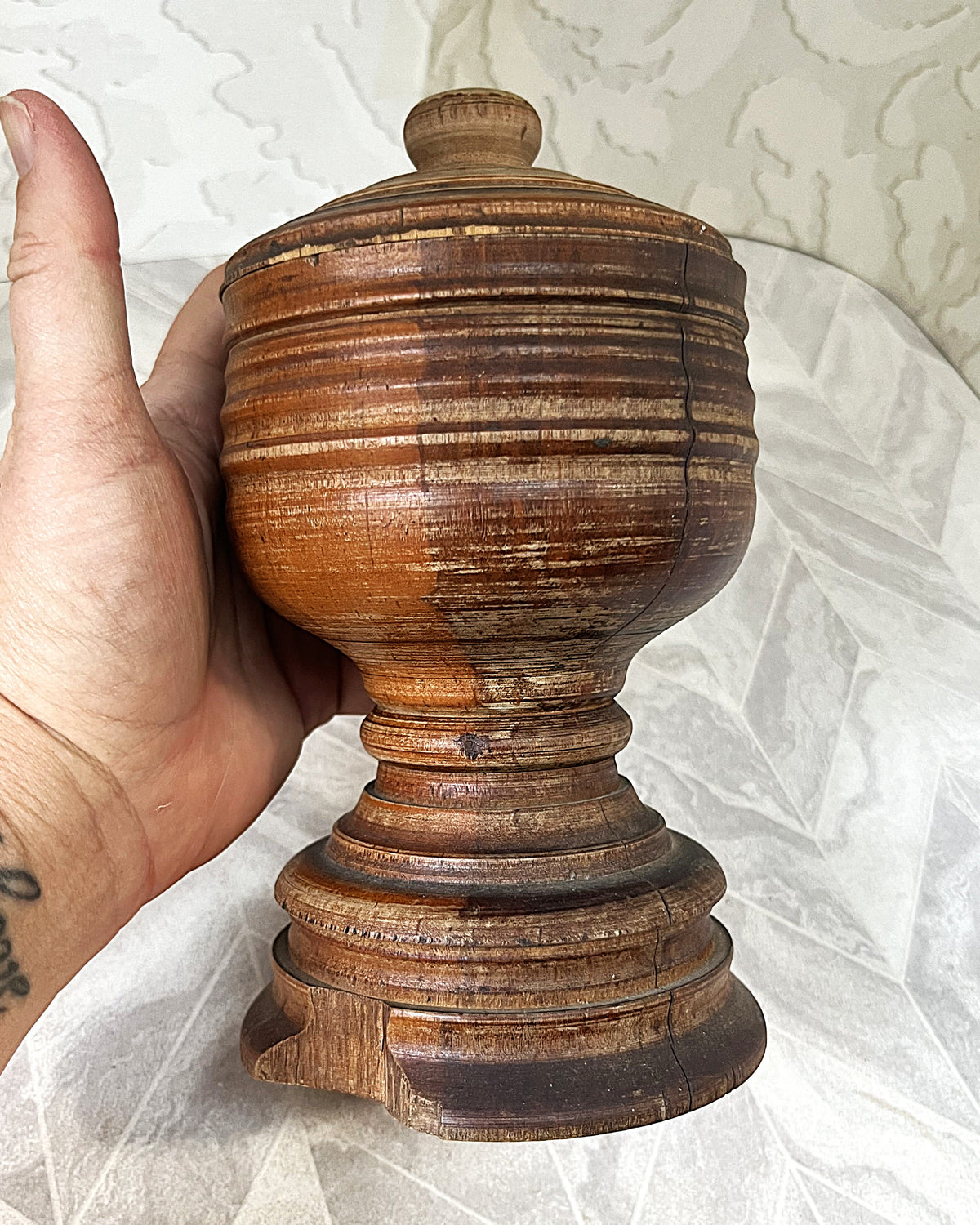 Vintage Apothecary: Antique 19th-Century Hand-Turned Lignum Vitae Apothecary Mortar and Lid Assembly