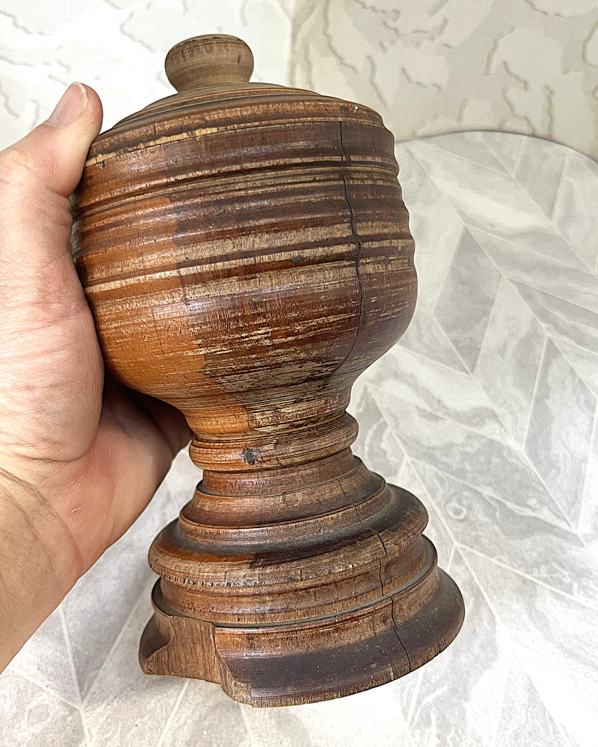 Vintage Apothecary: Antique 19th-Century Hand-Turned Lignum Vitae Apothecary Mortar and Lid Assembly