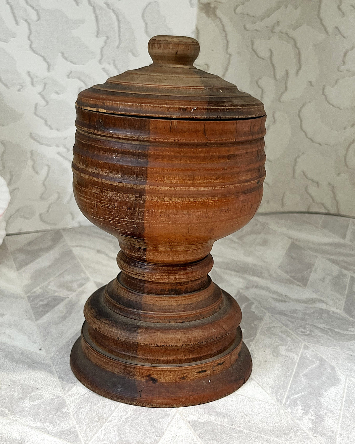 Vintage Apothecary: Antique 19th-Century Hand-Turned Lignum Vitae Apothecary Mortar and Lid Assembly