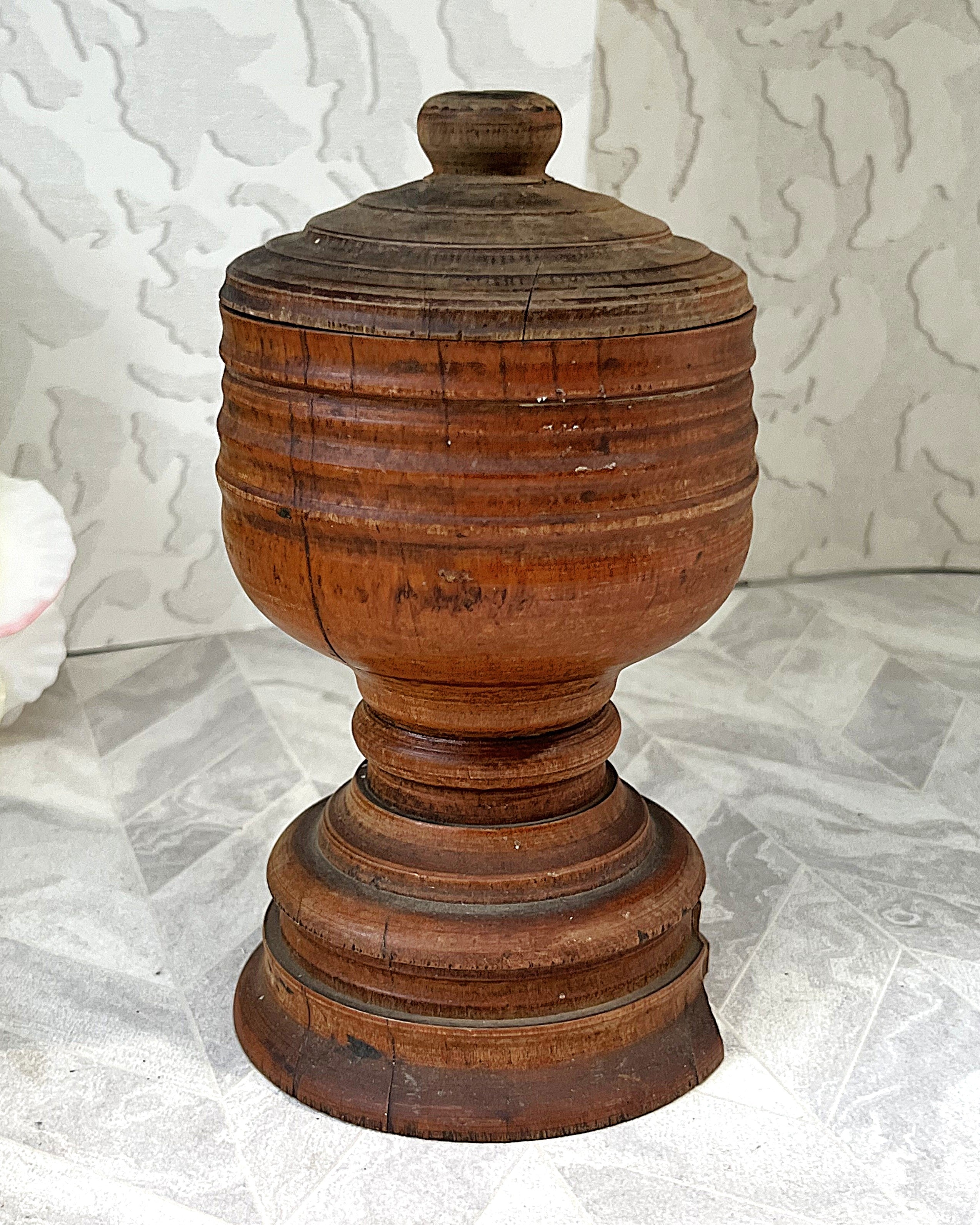 Vintage Apothecary: Antique 19th-Century Hand-Turned Lignum Vitae Apothecary Mortar and Lid Assembly