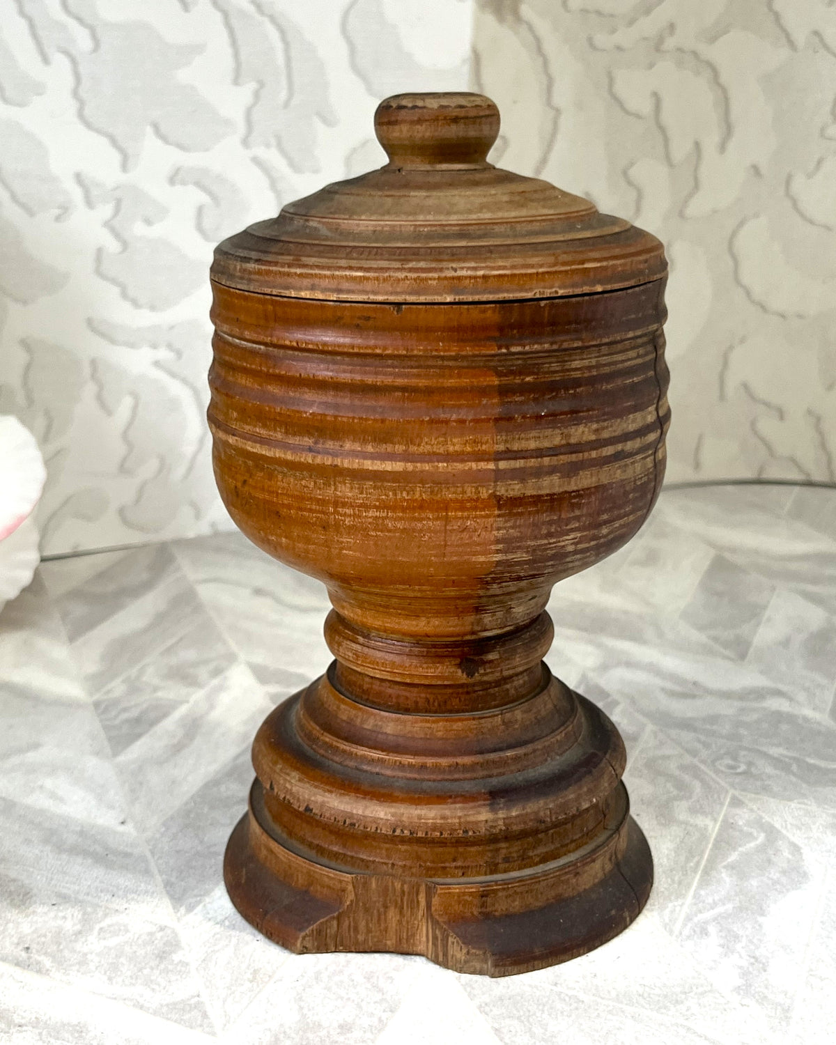 Vintage Apothecary: Antique 19th-Century Hand-Turned Lignum Vitae Apothecary Mortar and Lid Assembly