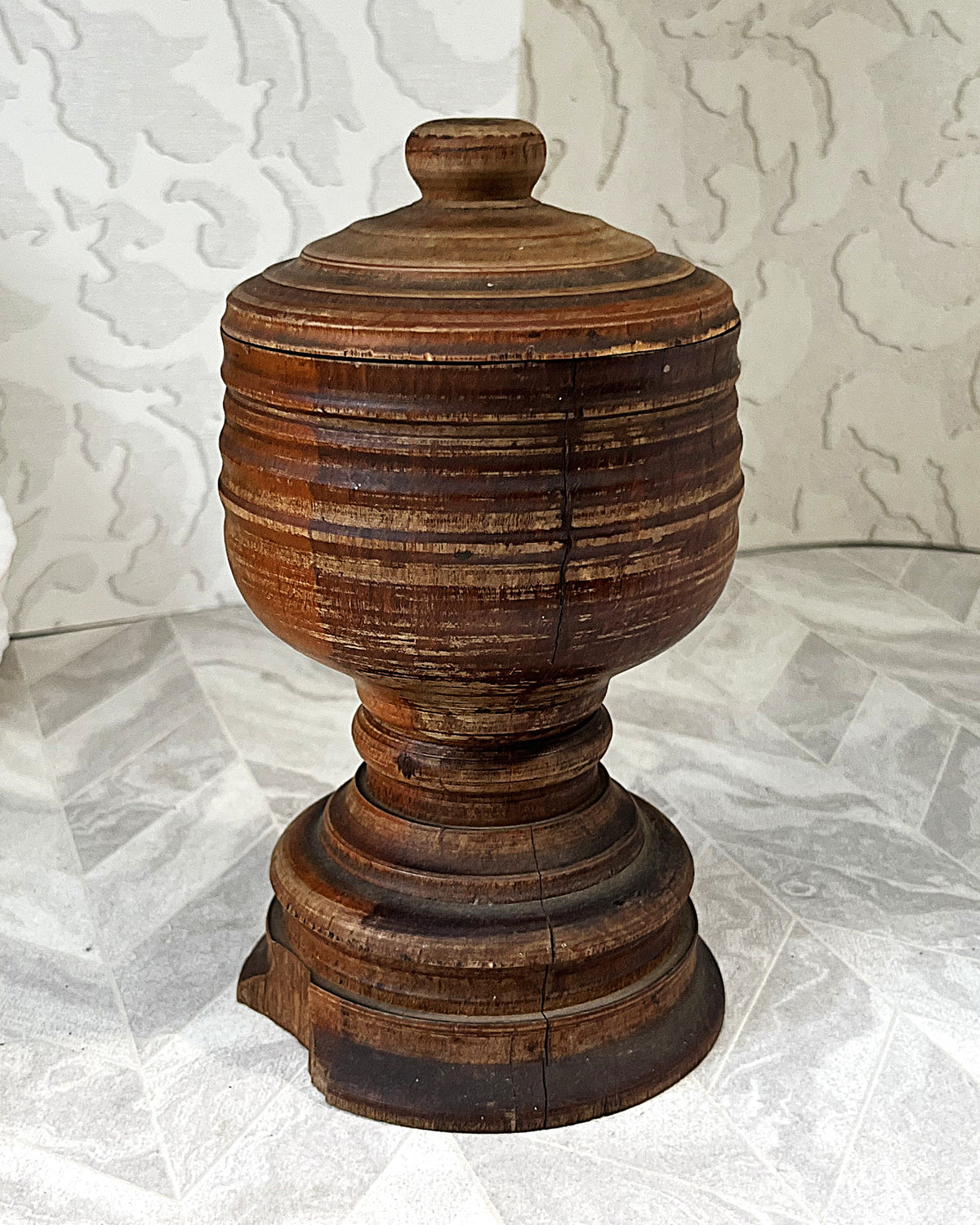 Vintage Apothecary: Antique 19th-Century Hand-Turned Lignum Vitae Apothecary Mortar and Lid Assembly