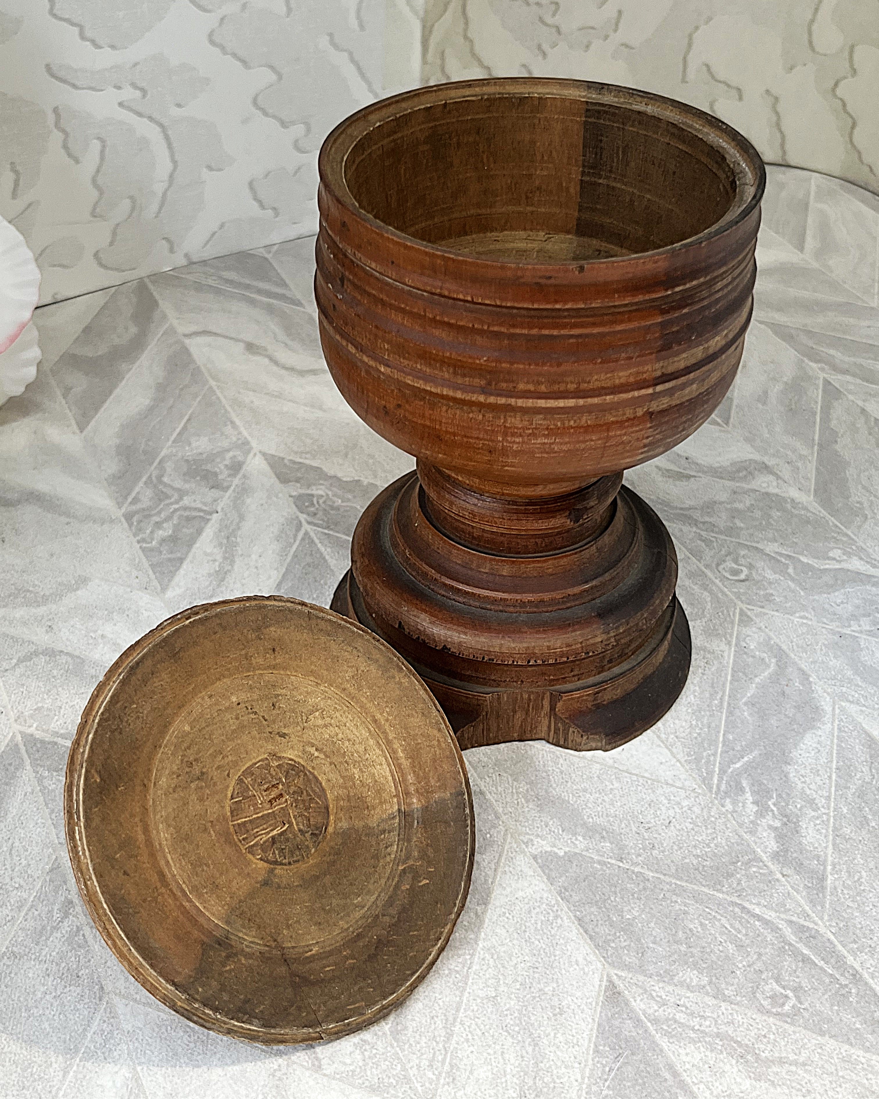 Vintage Apothecary: Antique 19th-Century Hand-Turned Lignum Vitae Apothecary Mortar and Lid Assembly