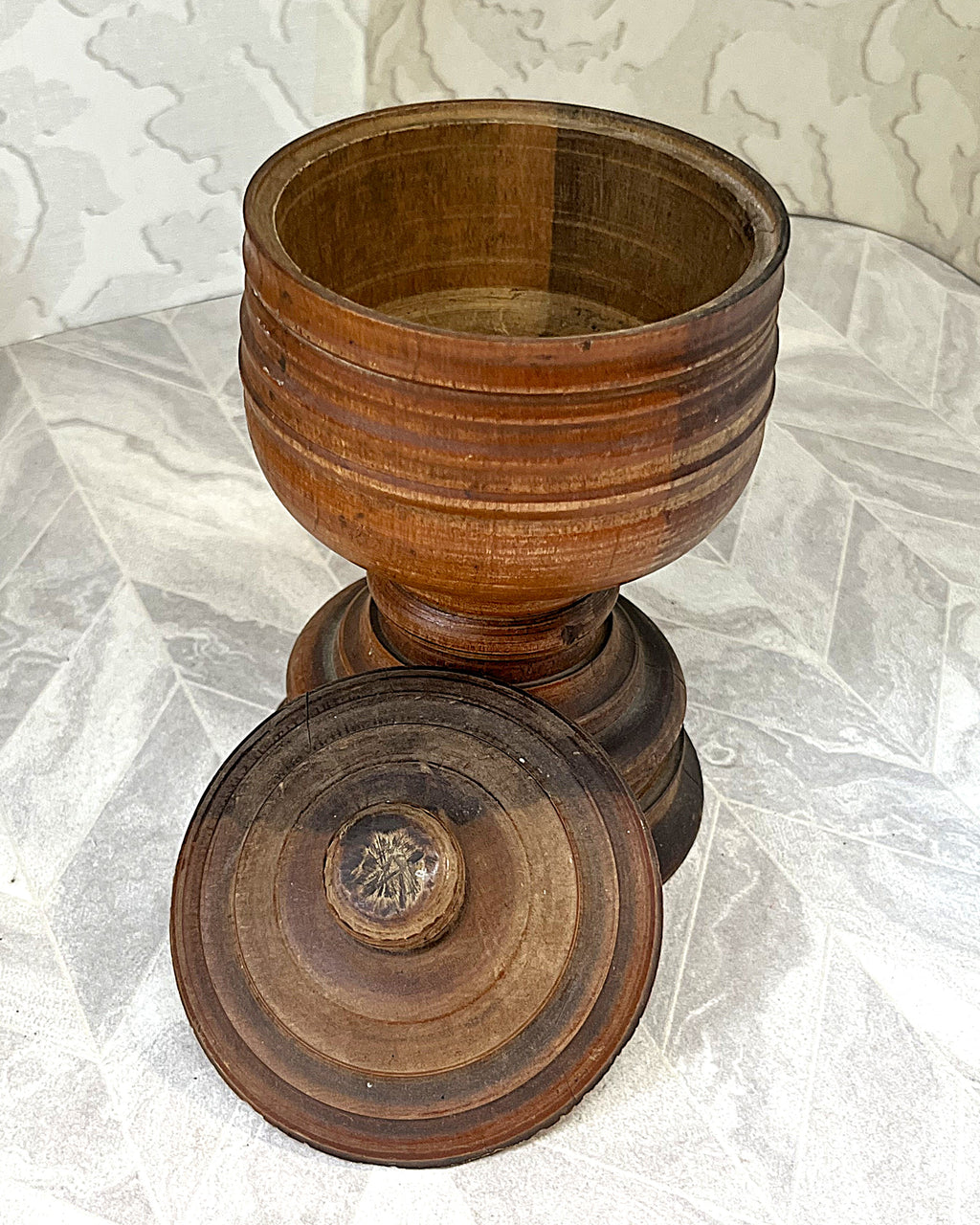 Vintage Apothecary: Antique 19th-Century Hand-Turned Lignum Vitae Apothecary Mortar and Lid Assembly