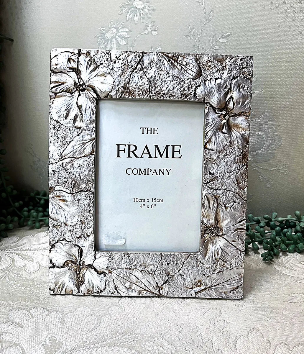 Frames: Ornate Silver Painted Wood Floral Photo Frame
