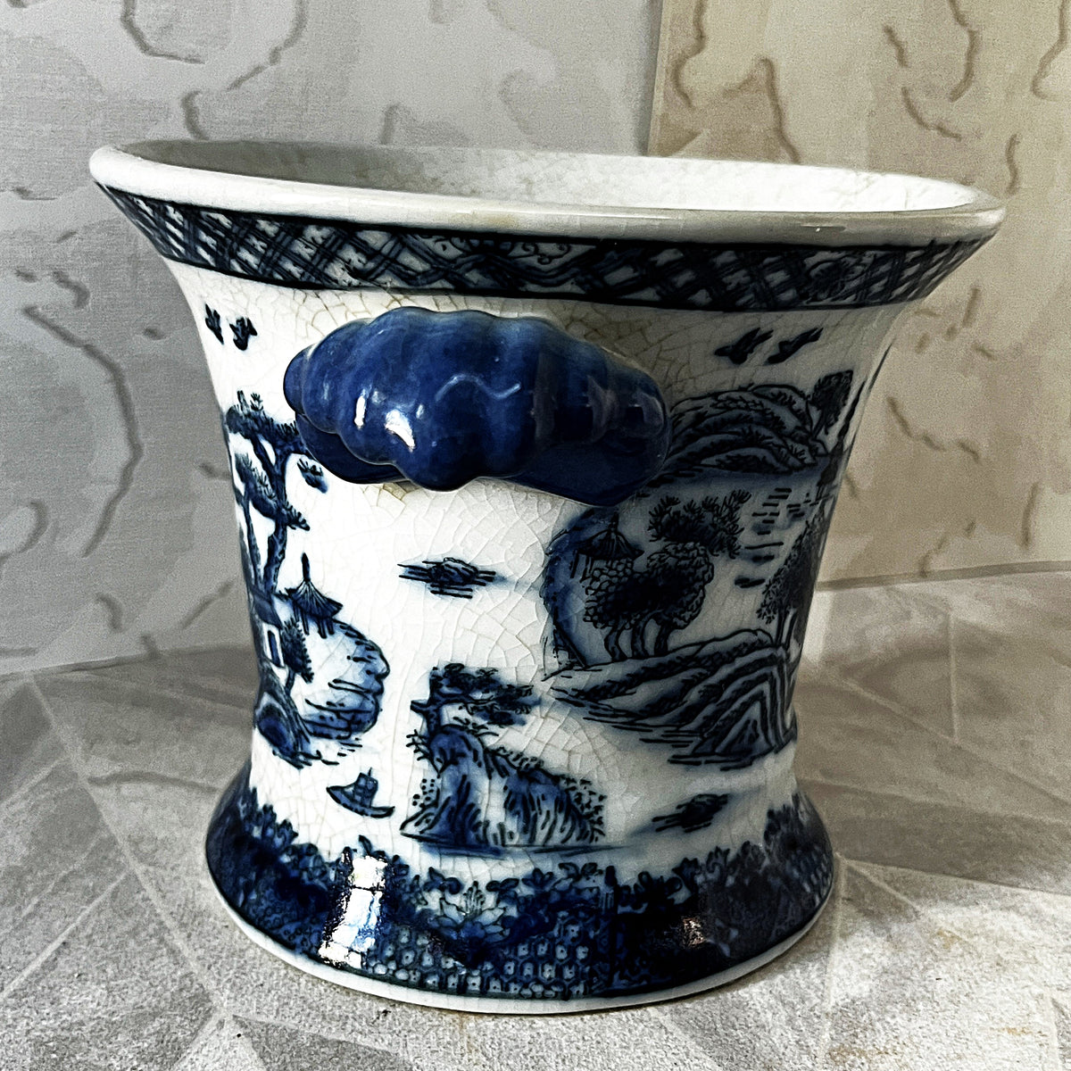 Planter: United Wilson Blue Willow Porcelain Cachepot Planter