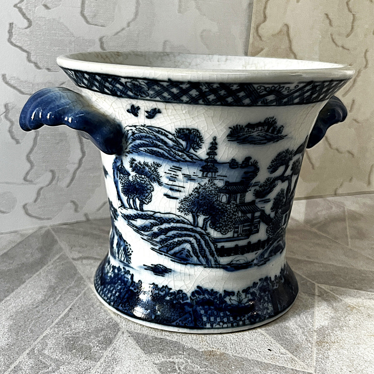 Planter: United Wilson Blue Willow Porcelain Cachepot Planter