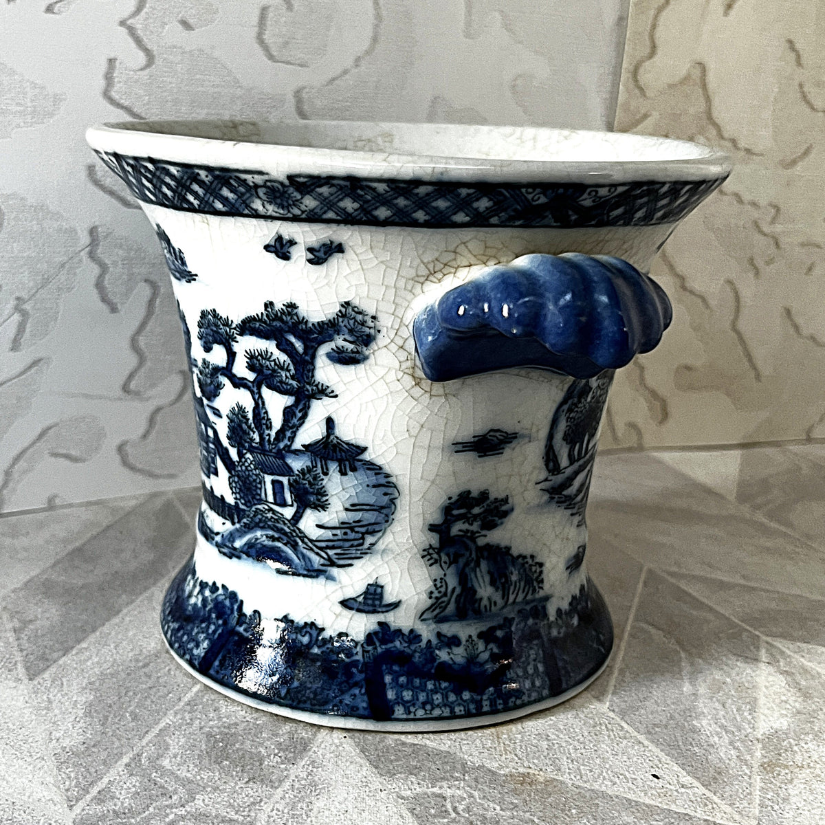 Planter: United Wilson Blue Willow Porcelain Cachepot Planter