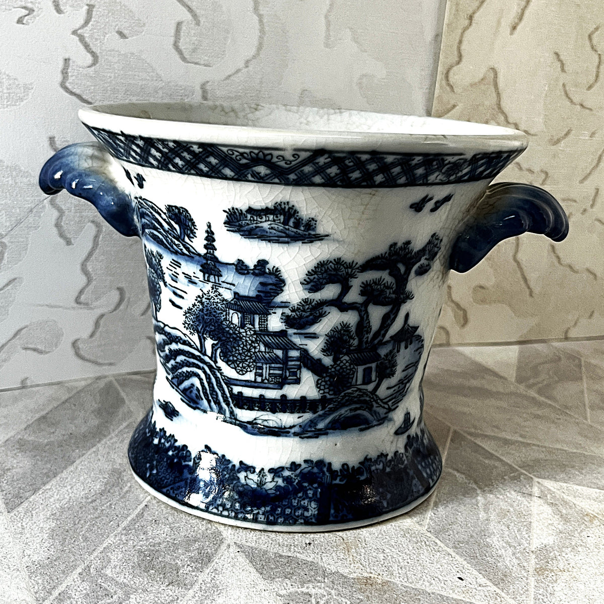 Planter: United Wilson Blue Willow Porcelain Cachepot Planter